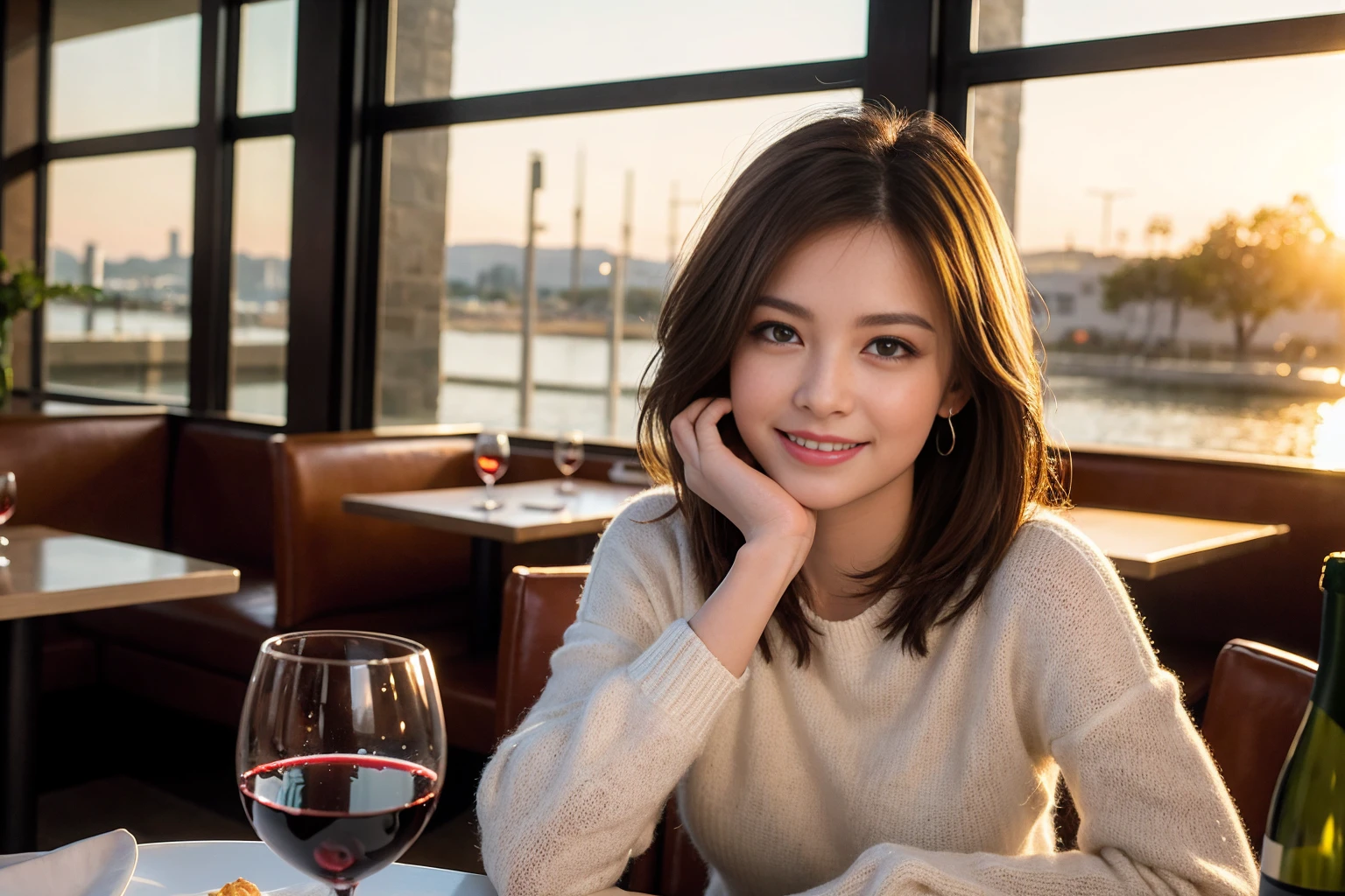 ((Highest quality、8K、masterpiece:1.3))、cute、slimカップル、modelカップル、(Realistic, Intricate details:1.2), full-course dinner、Wine Party、Amazing view of the sunset sky and clouds、A bright smile、The wonderfulness of smile、Bright image、The beauty of wine, Beautiful Face, blue eyes, The light shines on your face, Blushing, short hair,Bright Face、 (Age 37), Age 34, red wine 、Appetizers、Italian food、Wine bottle、Champagne、sparkling wine、Two beauties、Brown Hair、Shortcuts、Long sleeve shirt、dress、Beautiful woman 1, (slimな顔), (The body is slim), (Brown Hair), (Shortcuts), cheeks turn a little red,Attractive beauty、restaurant, In a prominent place (From the waist up) Nova Frog Style, actress, model, Upper Body, White wine, slim, wine glass, 中央に置かれたwine glass, smile, (smile: 1.15), Beautiful fine grain, Depth f/2,saturation, High Contrast, Strong light and shadow,Moist Body:1.5、3D texture、Delicate eyes、Brown Hair、The hair is very shiny、