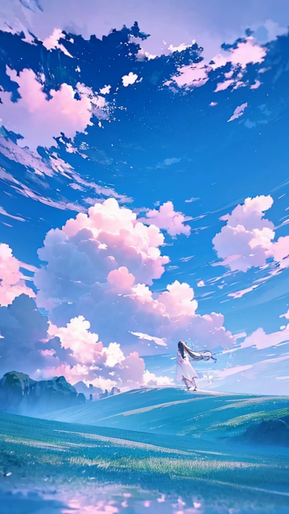 A single figure floats serenely in a vast, vivid blue sky filled with enormous, highly detailed cumulus clouds. The scene captures an ethereal moment, with the individual seemingly suspended in mid-air, surrounded by layers of fluffy white and blue clouds that create a sense of depth and movement. Sunlight filters through the clouds, casting gentle shadows and illuminating the various shades of blue and white, adding a dreamlike quality to the image. The overall atmosphere conveys a sense of tranquility, freedom, and wonder, as if the person is drifting through a boundless, heavenly expanse.