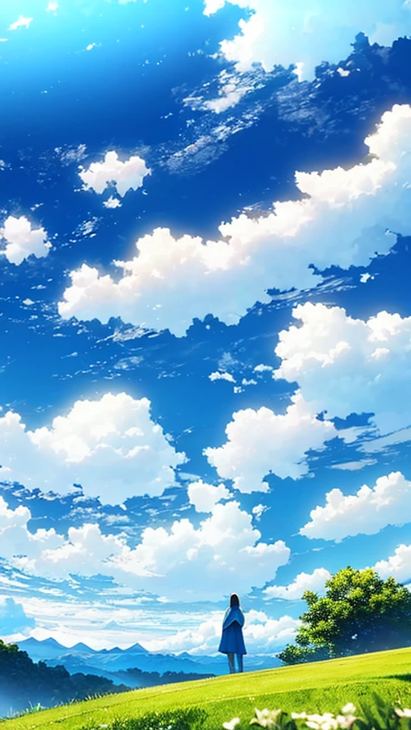 A single figure floats serenely in a vast, vivid blue sky filled with enormous, highly detailed cumulus clouds. The scene captures an ethereal moment, with the individual seemingly suspended in mid-air, surrounded by layers of fluffy white and blue clouds that create a sense of depth and movement. Sunlight filters through the clouds, casting gentle shadows and illuminating the various shades of blue and white, adding a dreamlike quality to the image. The overall atmosphere conveys a sense of tranquility, freedom, and wonder, as if the person is drifting through a boundless, heavenly expanse.