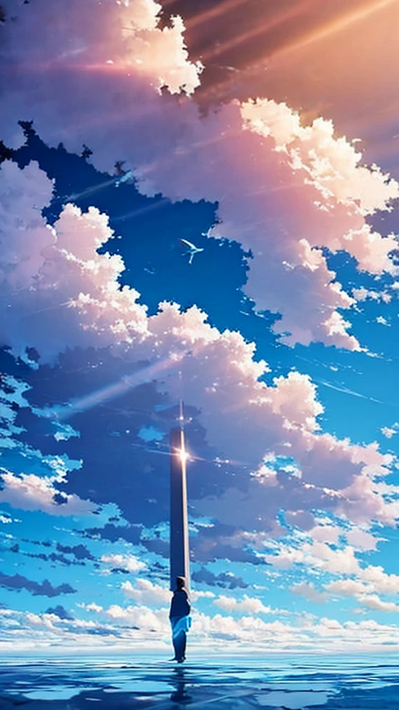 A single figure floats serenely in a vast, vivid blue sky filled with enormous, highly detailed cumulus clouds. The scene captures an ethereal moment, with the individual seemingly suspended in mid-air, surrounded by layers of fluffy white and blue clouds that create a sense of depth and movement. Sunlight filters through the clouds, casting gentle shadows and illuminating the various shades of blue and white, adding a dreamlike quality to the image. The overall atmosphere conveys a sense of tranquility, freedom, and wonder, as if the person is drifting through a boundless, heavenly expanse.