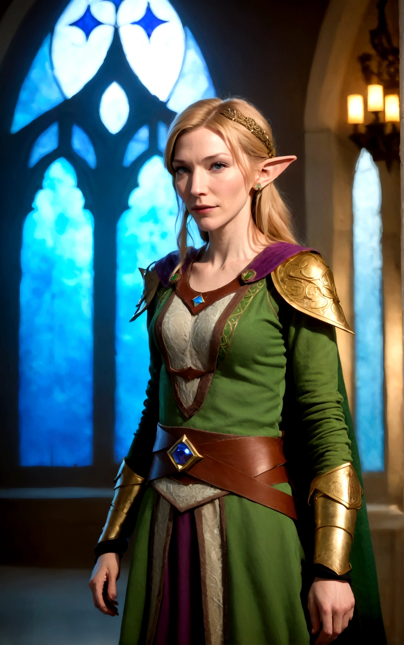 Cate Blanchett (age 25, elf ears, Twilight princess Zelda costume), heroic pose, lavish room with stained glass
