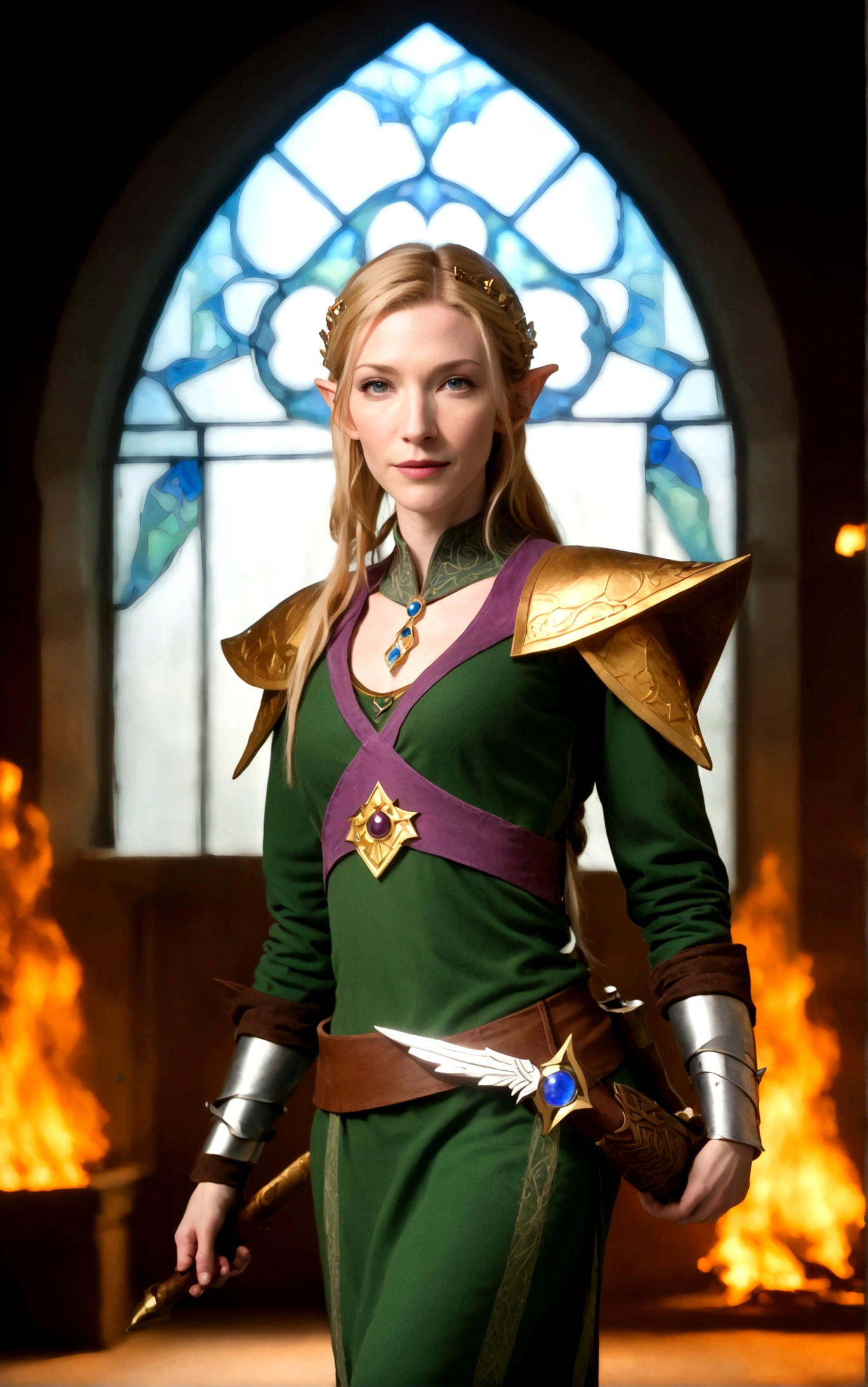 Cate Blanchett (age 25, elf ears, Twilight princess Zelda costume), heroic pose, lavish room with stained glass