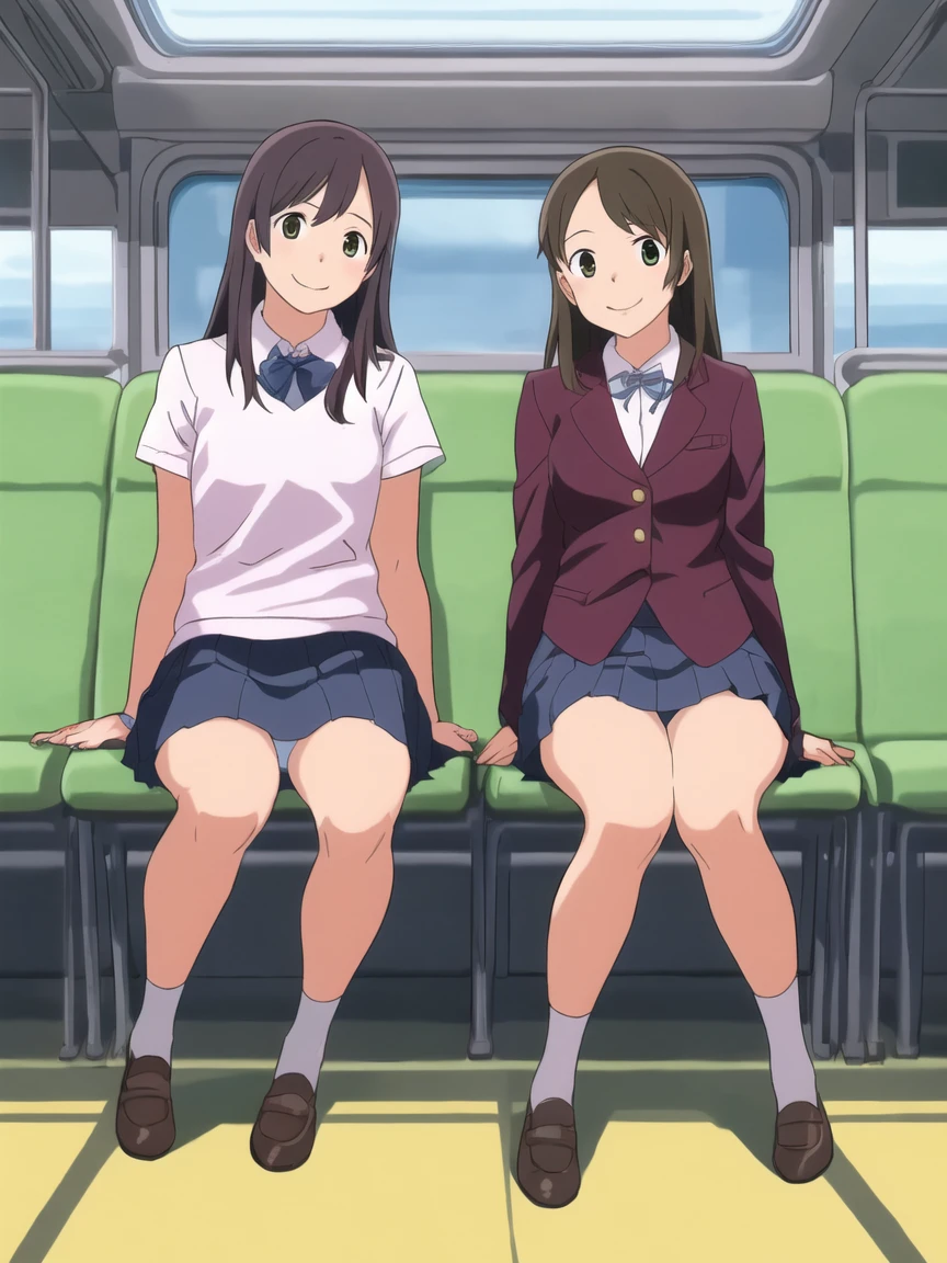 Highest quality, Ultra-high resolution, (Realistic: )2D official style cel animation,((Students of Takamichi Elementary School sitting side by side２people々))Please open your legs a little,mini skirt,panties),Full body portrait,Train seats,sunny,Embarrassing,