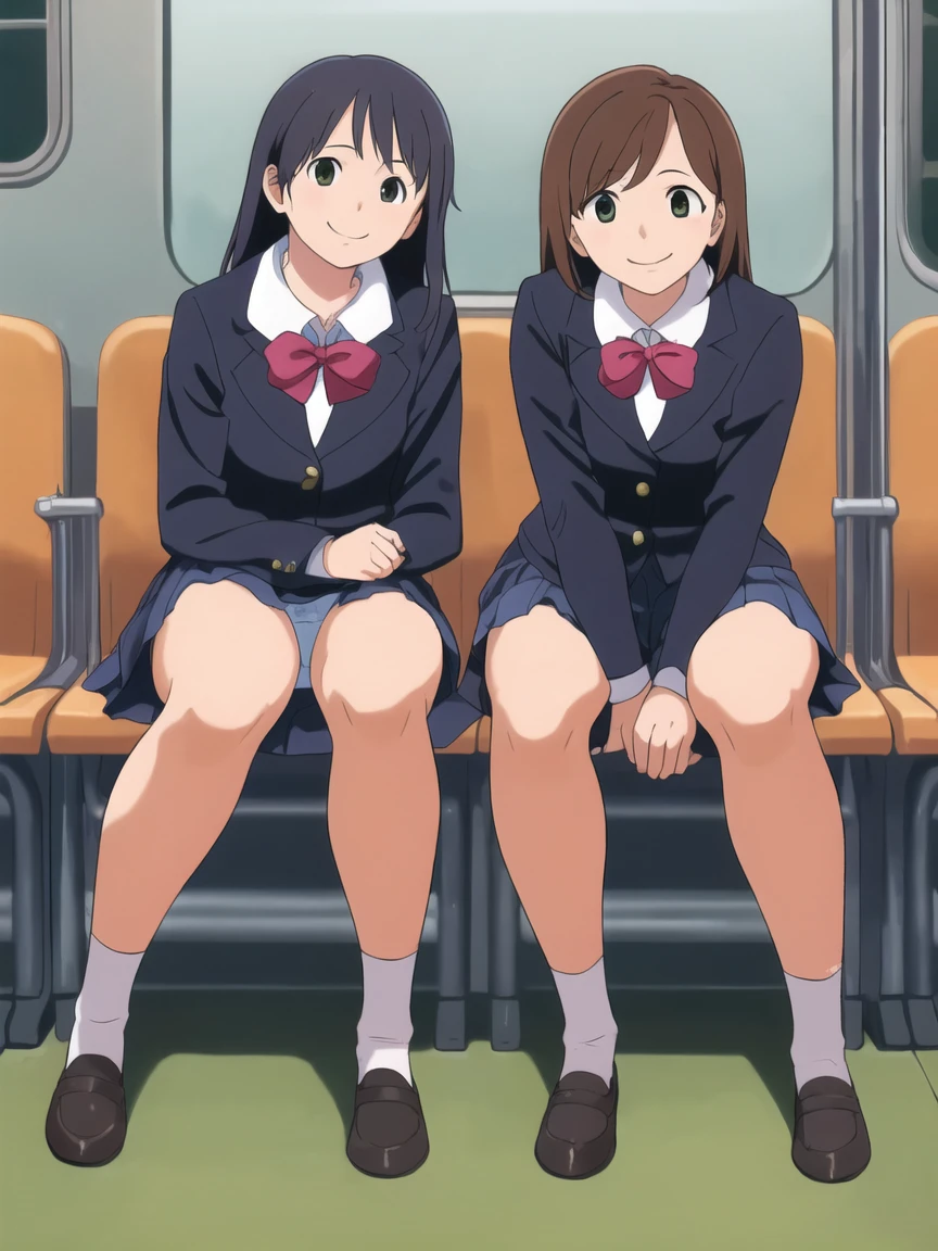 Highest quality, Ultra-high resolution, (Realistic: )2D official style cel animation,((Students of Takamichi Elementary School sitting side by side２people々))Please open your legs a little,mini skirt,panties),Full body portrait,Train seats,sunny,Embarrassing,