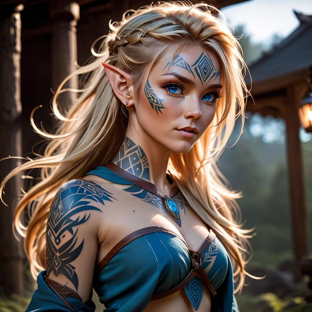 (1 female:1.5), solo, wearing gambeson, ((rune tattoos)), tribal bodypaint, ((Face tribal-tattoos)), fullbody-image, attacking viewer with fists, detailed elf druid girl, long pointy ears,  slim body, (smirk:1.1), (nose blush:1.1), (big blue eyes:1.1), (blond hair:1.1), beautiful detailed face, messy hair, (hairstyle:sitecut), cinematic lighting, shot on canon 5d, Greg Rutkowski, Yoji Shinkawa:0.6,