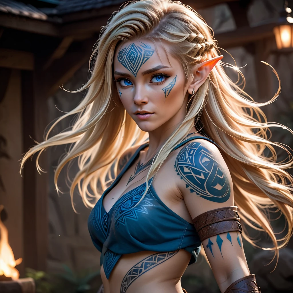 (1 female:1.5), solo, wearing gambeson, ((rune tattoos)), tribal bodypaint, ((Face tribal-tattoos)), fullbody-image, attacking viewer with fists, detailed elf druid girl, long pointy ears, slim body, (smirk:1.1), (nose blush:1.1), (big blue eyes:1.1), (blond hair:1.1), beautiful detailed face, messy hair, (hairstyle:sitecut), cinematic lighting, shot on canon 5d, Greg Rutkowski, Yoji Shinkawa:0.6,