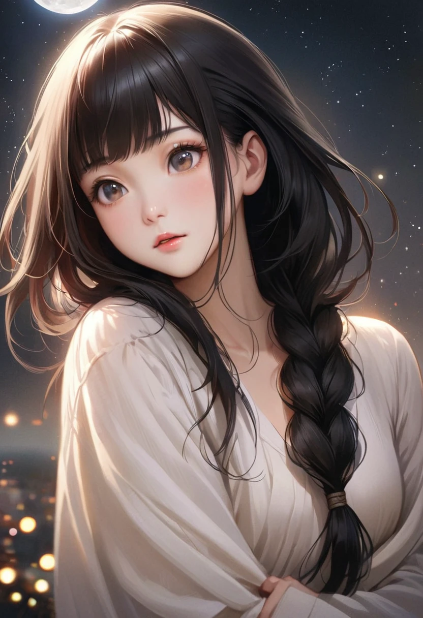 A beautiful woman with long hair wearing a white shirt, cute anime-style face, realistic anime girl, Chisato, black hair with bangs, Kurumi, cute and delicate face, young cute pale Asian face, Sakimichan, midday moon and stars in the sky, All hair braided into one braid, Braids draped over shoulders