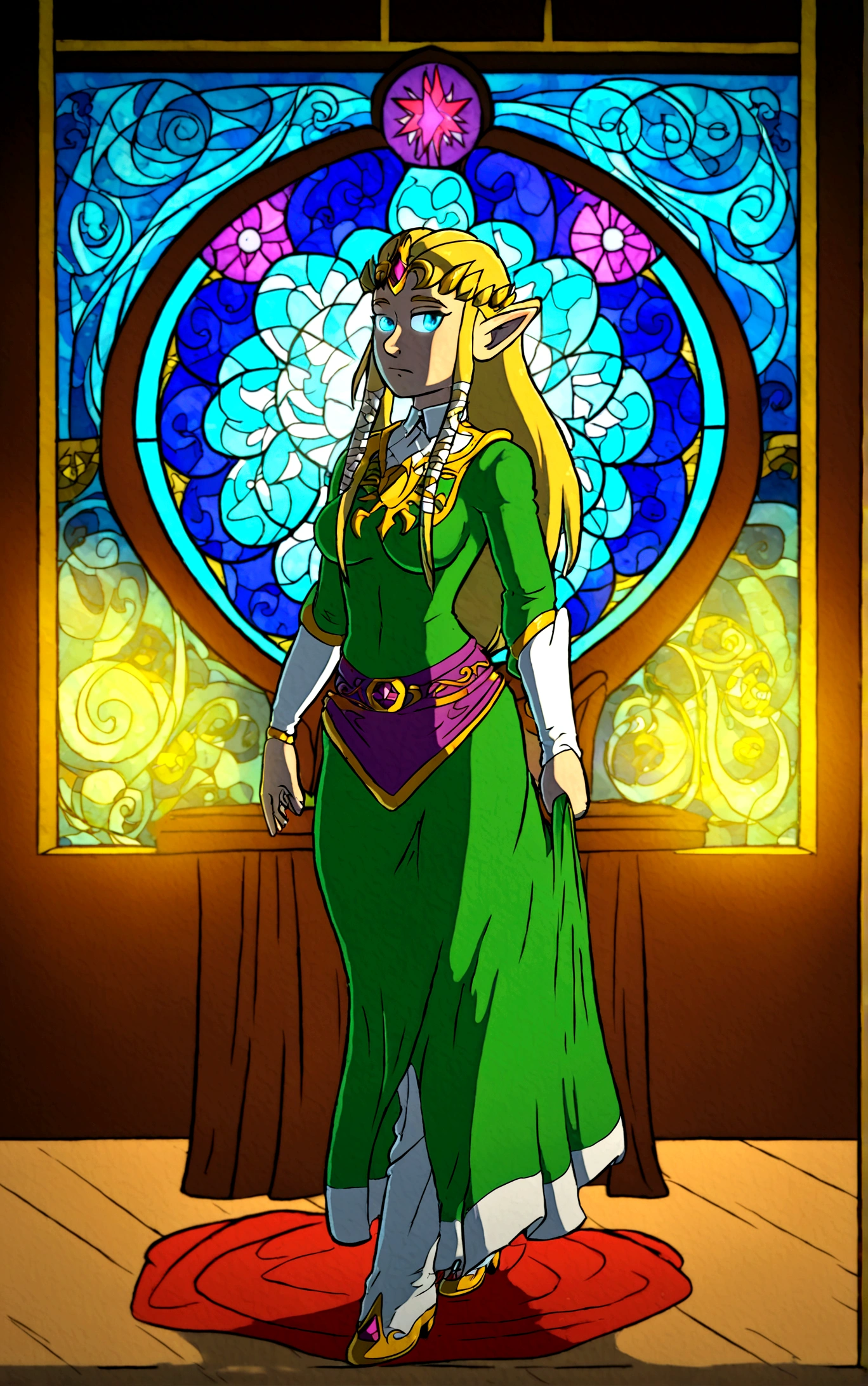 Cate Blanchett (age 25, elf ears, Twilight princess Zelda costume), heroic pose, lavish room with stained glass