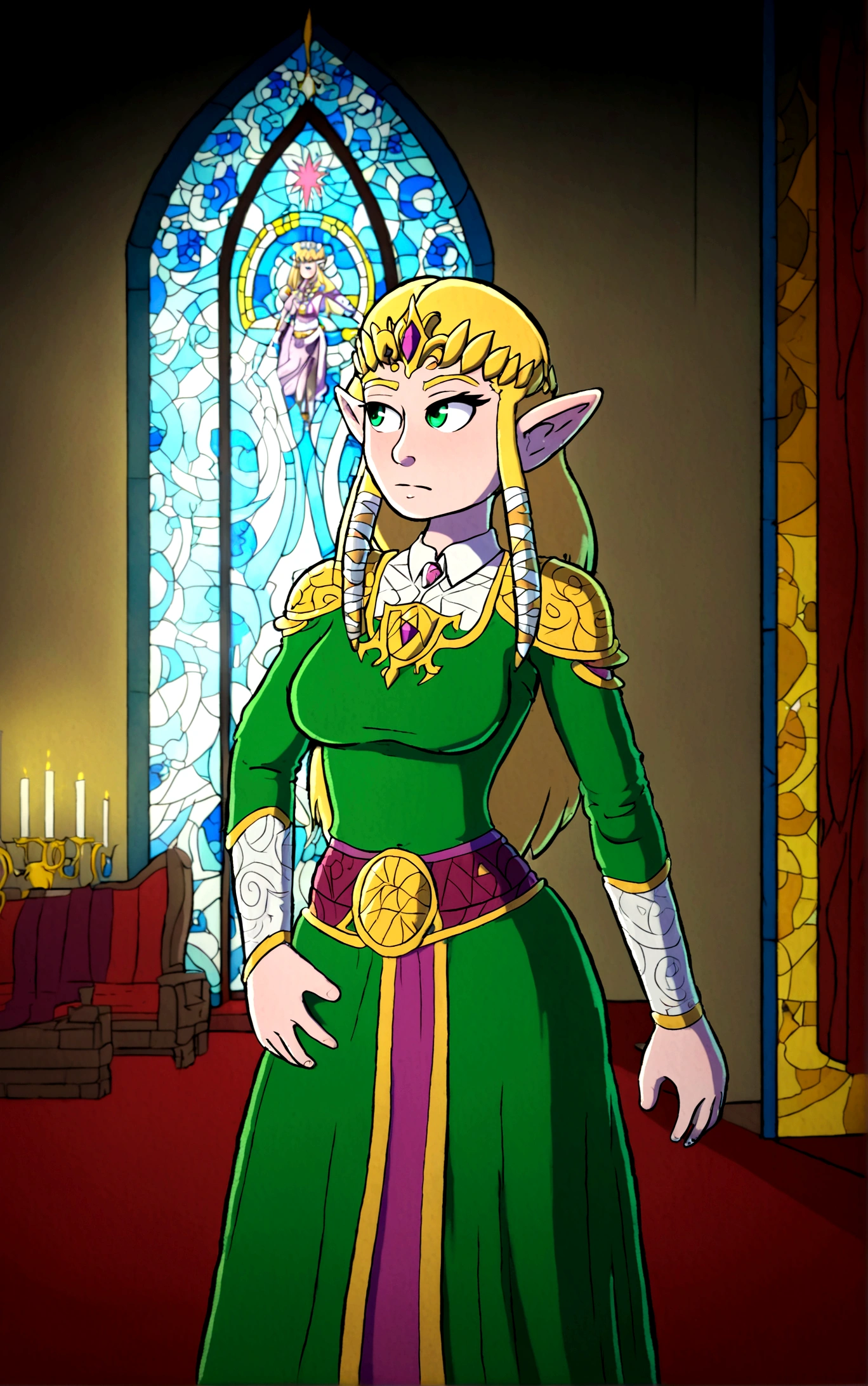 Cate Blanchett (age 25, elf ears, Twilight princess Zelda costume), heroic pose, lavish room with stained glass
