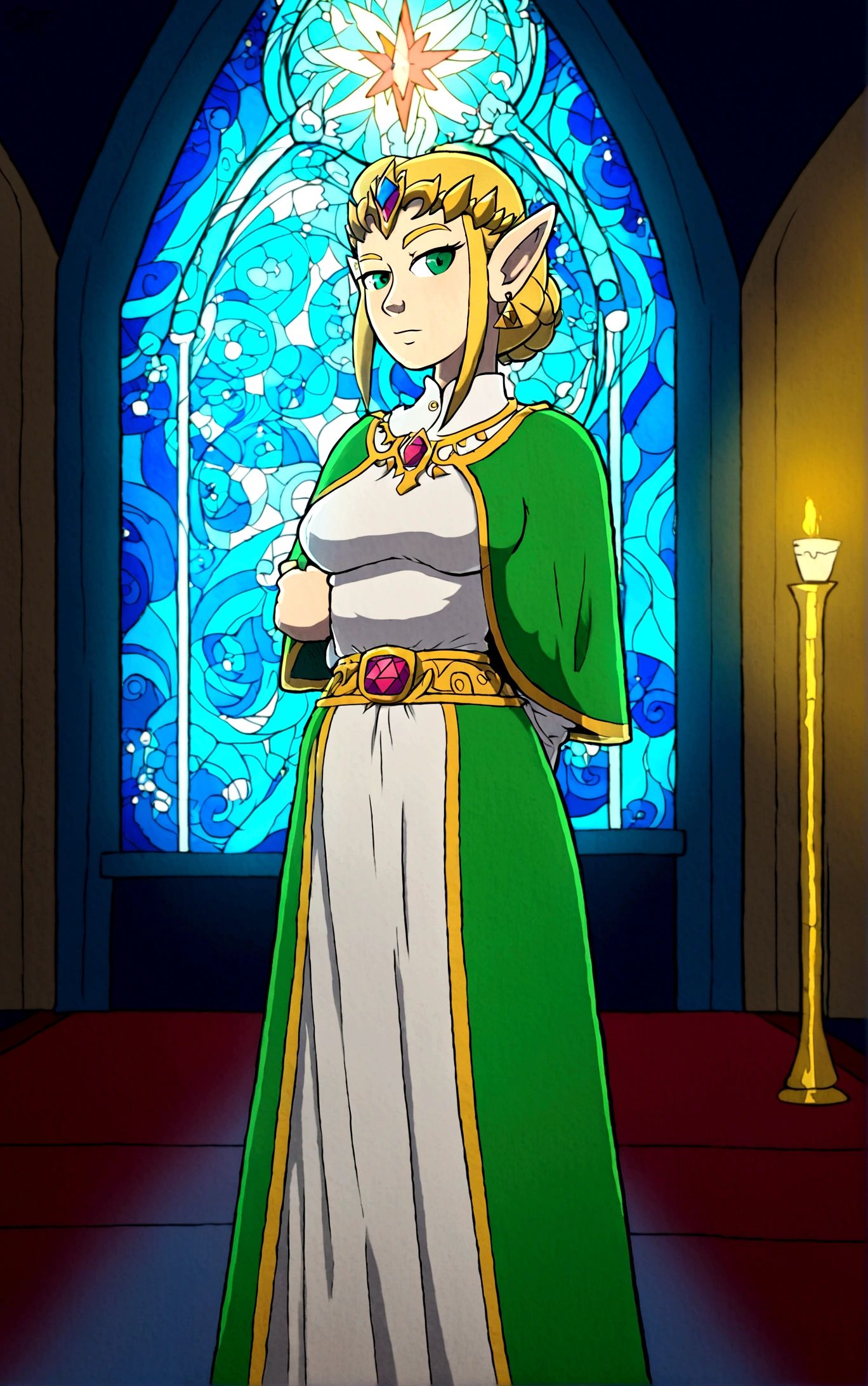 Cate Blanchett (age 25, elf ears, Twilight princess Zelda costume), heroic pose, lavish room with stained glass