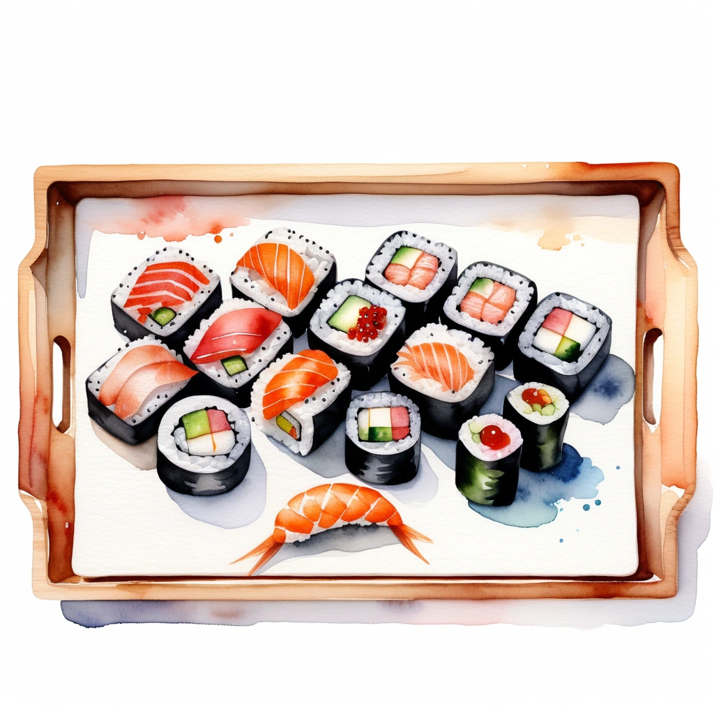 there is delicious sushi, served in a wooden tray, (watercolor), illustration, isolated with solid white background, surrounded with negative space, centered compositon, 8k, highly detailed painting, very precise painting, Isolated, clear brilliant white background, perspective angle of view