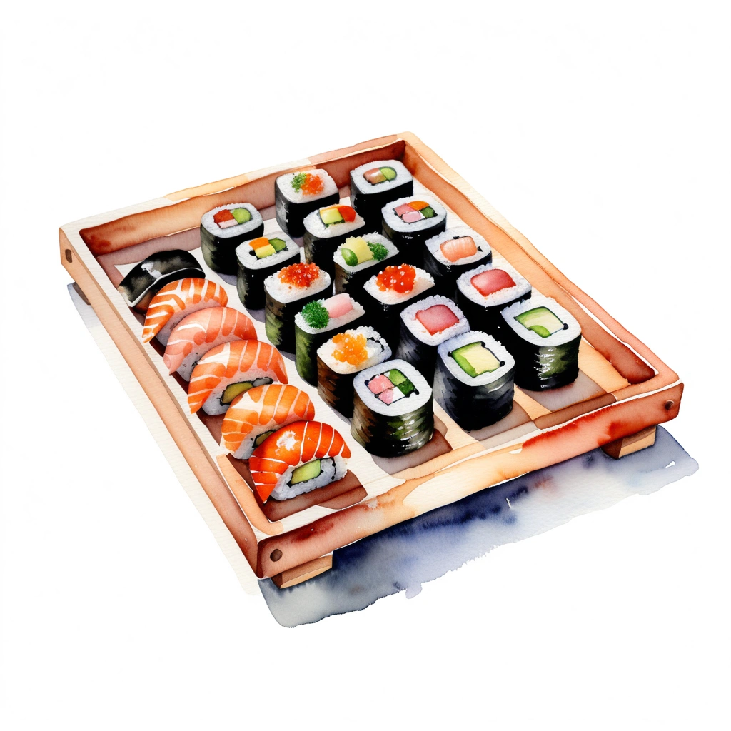 there is delicious sushi, served in a wooden tray, (watercolor), illustration, isolated with solid white background, surrounded with negative space, centered compositon, 8k, highly detailed painting, very precise painting, Isolated, clear brilliant white background, perspective angle of view