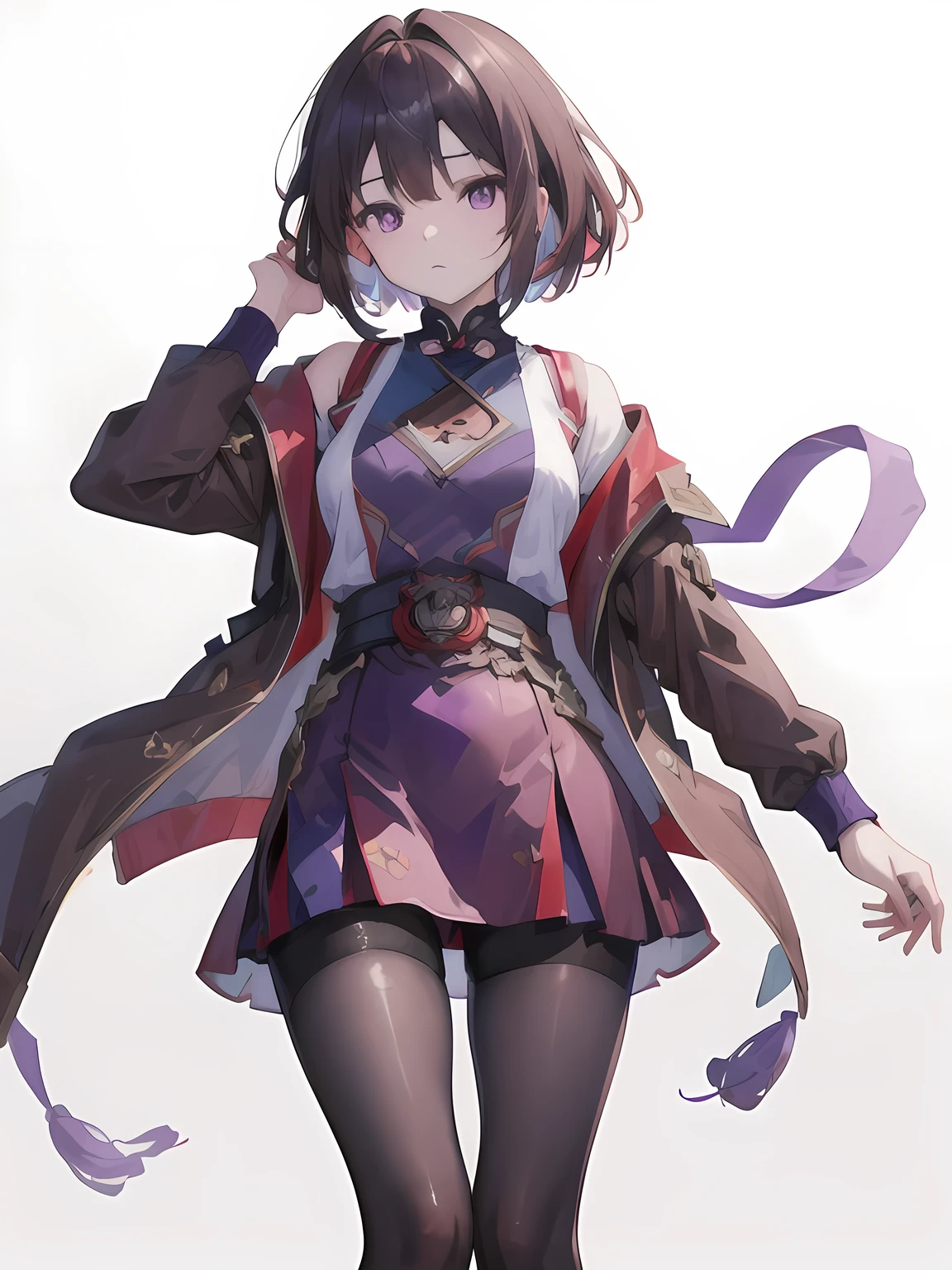 ((masterpiece, best quality)), highres, 1girl, xueyi, (short brown hair, purple eyes), brown jacket, short skirt, tights, white background