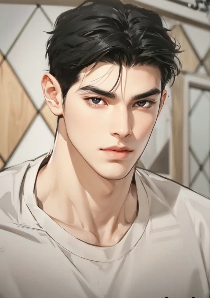 1man, perfect eye, perfect illumination,  black hair, black eyes, unreal engine, sidelighting, detailed face, bangs, bright skin, simple background, dark background,wolf ears 