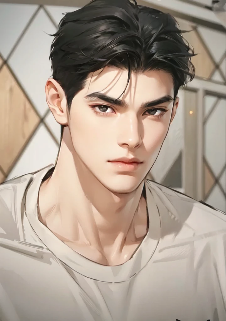 1man, perfect eye, perfect illumination, black hair, black eyes, unreal engine, sidelighting, detailed face, bangs, bright skin, simple background, dark background,wolf ears