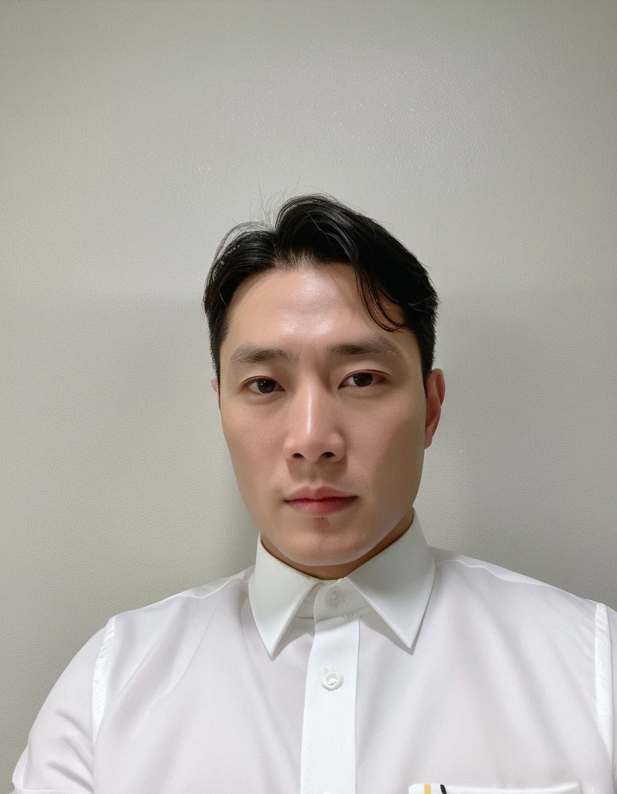 Best Quality, 8k, Masterpiece, (Portrait: 1.3), (photo realistic:1.4), (hyper realistic:1.4), Sharp Focus, looking at viewer, (smoother lighting:1.1), (increase cinematic lighting quality:0.9), realistic lighting, backlighting, light on face, ray trace, (brightening light:1.2), (Increase quality:1.4), sharp detail, (best quality real texture skin:1.4), finely detailed eyes, black_eyes, finely detailed face, 25 year old Korean man, (white formal_shirt:1.4), (Create an image maintaining the original base model hairstyle:1.5)