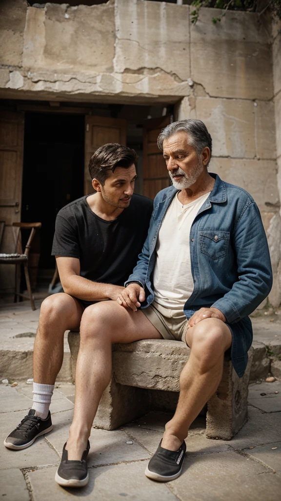 An old man 50 Years old sitting on old chair with another young man sitting on floor like begging, ancient Greek building as background, 