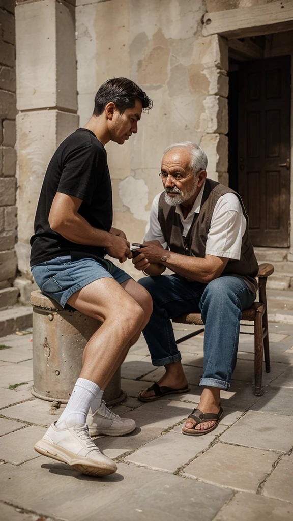 An old man 50 Years old sitting on old chair with another young man sitting on floor like begging, ancient Greek building as background,