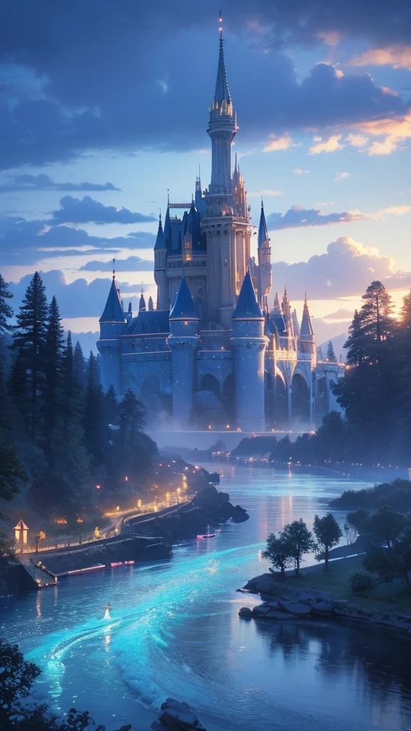 (magical pretty null blue stream overlay scene), (null), (cloud), Soft lighting, Clean background, beautiful null scenery, masterpiece, high quality, Beautiful graphics, High detail,By Thomas Kinkade, Art Station, Sharp focus, Inspiring 8k wallpapers, floating castle above the lake