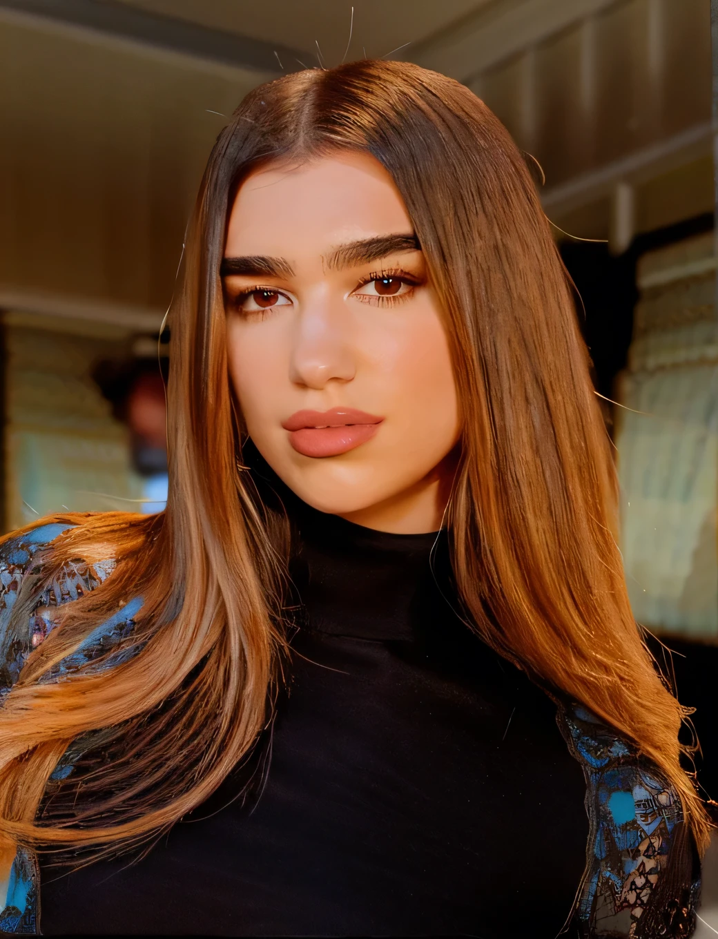 Dua Lipa long hair and light blue blouse