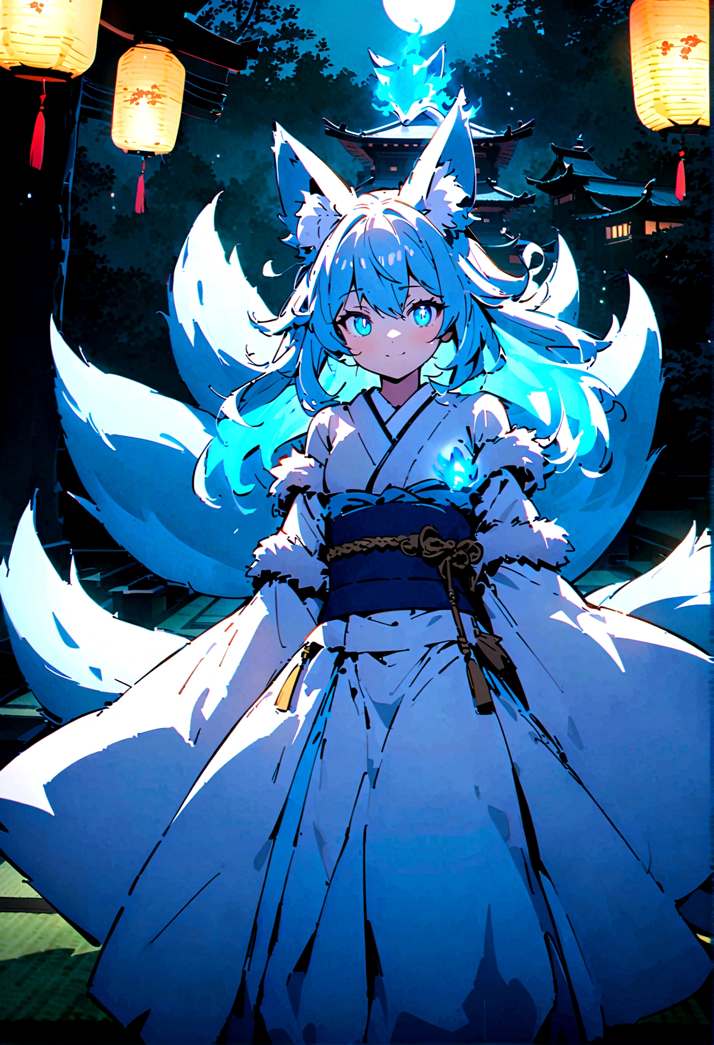 fox Light blue hair 　beast girl　indigo fur　fox beast girl　fox Light blue hair 　beast girl　indigo fur　fox beast girl　Wallpaper 4k,8k,highly detailled,,vivid colors,detailed kitsune with 9 tails,traditional Japanese artwork,tatami floor,beautiful cherry blossoms,floating lanterns,dark silhouette of a pagoda,subtle moonlight,dense forest,ethereal atmosphere,dappled sunlight,whimsical spirit,serene expression,elaborate kimono and obi,delicate hand-painted details,luminous eyes　Anime Style　fox　blue　White-faced golden-haired nine-tailed fox　Coat blue　　fox Light blue hair 　beast girl　indigo fur　fox beast girl　Anime Style　fox　blue　White-faced golden-haired nine-tailed fox　Coat blue　　　mysterious background　Blue Flame　girl　have a ball of light　fox Light blue hair 　beast girl　indigo fur　fox beast girl　mysterious background　Blue Flame　girl　have a ball of light Anime Style　fox　blue　White-faced golden-haired nine-tailed fox　Coat blue　　　mysterious background　Blue Flame　girl　have a ball of light