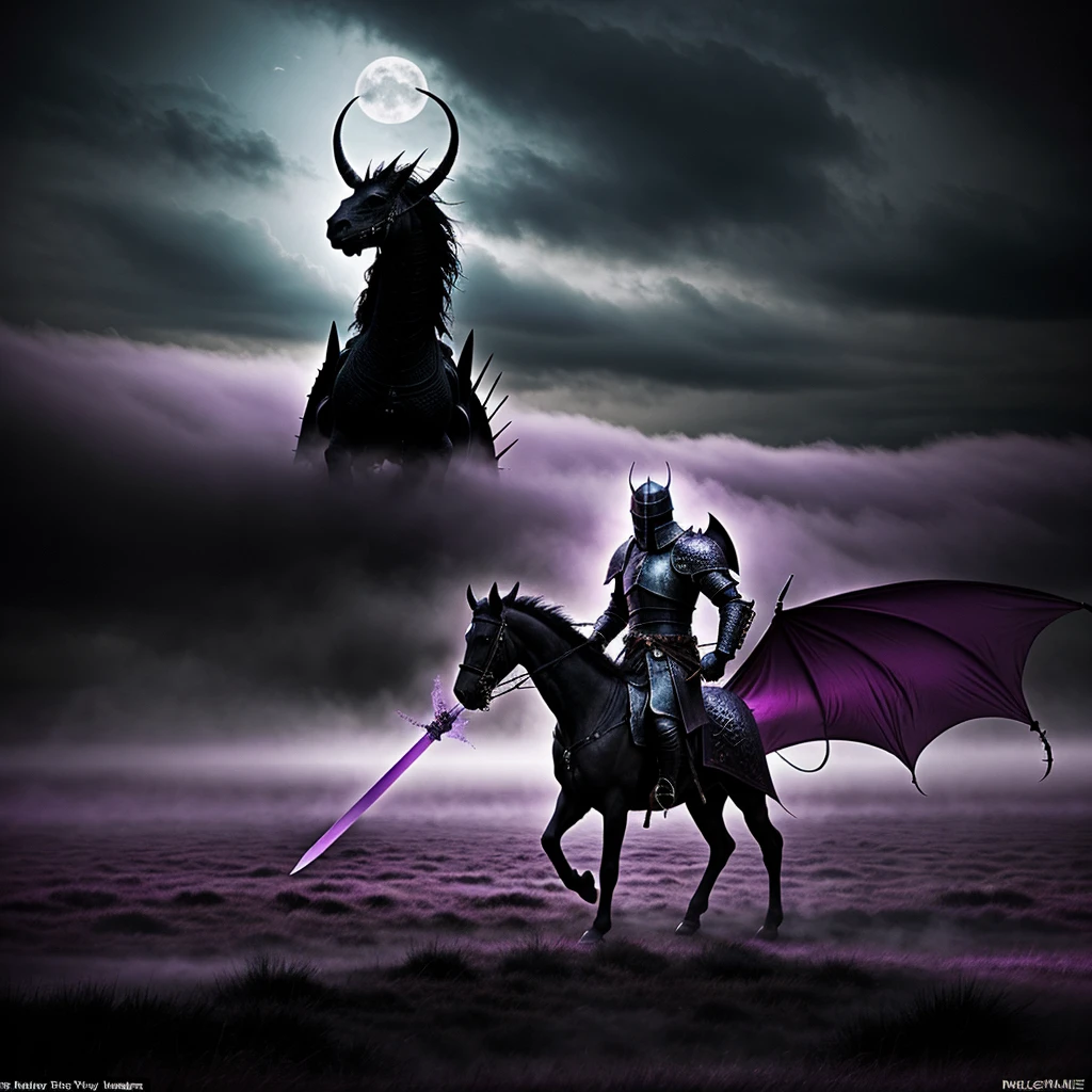 In a desolate and gloomy place full of purple fog, the black silhouette of a knight carrying a sword is seen, standing in front of a creature with black scales and beautiful purple eyes, the creature resembles a dragon from a movie from the 70s