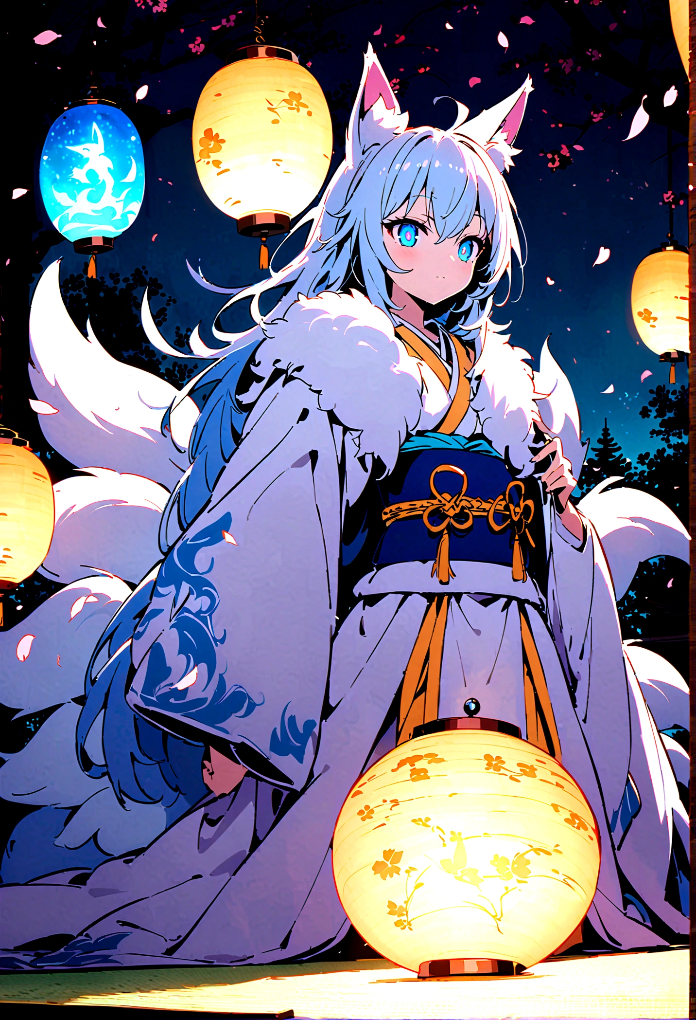 fox Light blue hair 　beast girl　indigo fur　fox beast girl　fox Light blue hair 　beast girl　indigo fur　fox beast girl　Wallpaper 4k,8k,highly detailled,,vivid colors,detailed kitsune with 9 tails,traditional Japanese artwork,tatami floor,beautiful cherry blossoms,floating lanterns,dark silhouette of a pagoda,subtle moonlight,dense forest,ethereal atmosphere,dappled sunlight,whimsical spirit,serene expression,elaborate kimono and obi,delicate hand-painted details,luminous eyes　Anime Style　fox　blue　White-faced golden-haired nine-tailed fox　Coat blue　　fox Light blue hair 　beast girl　indigo fur　fox beast girl　Anime Style　fox　blue　White-faced golden-haired nine-tailed fox　Coat blue　　　mysterious background　Blue Flame　girl　have a ball of light　fox Light blue hair 　beast girl　indigo fur　fox beast girl　mysterious background　Blue Flame　girl　have a ball of light Anime Style　fox　blue　White-faced golden-haired nine-tailed fox　Coat blue　　　mysterious background　Blue Flame　girl　have a ball of light