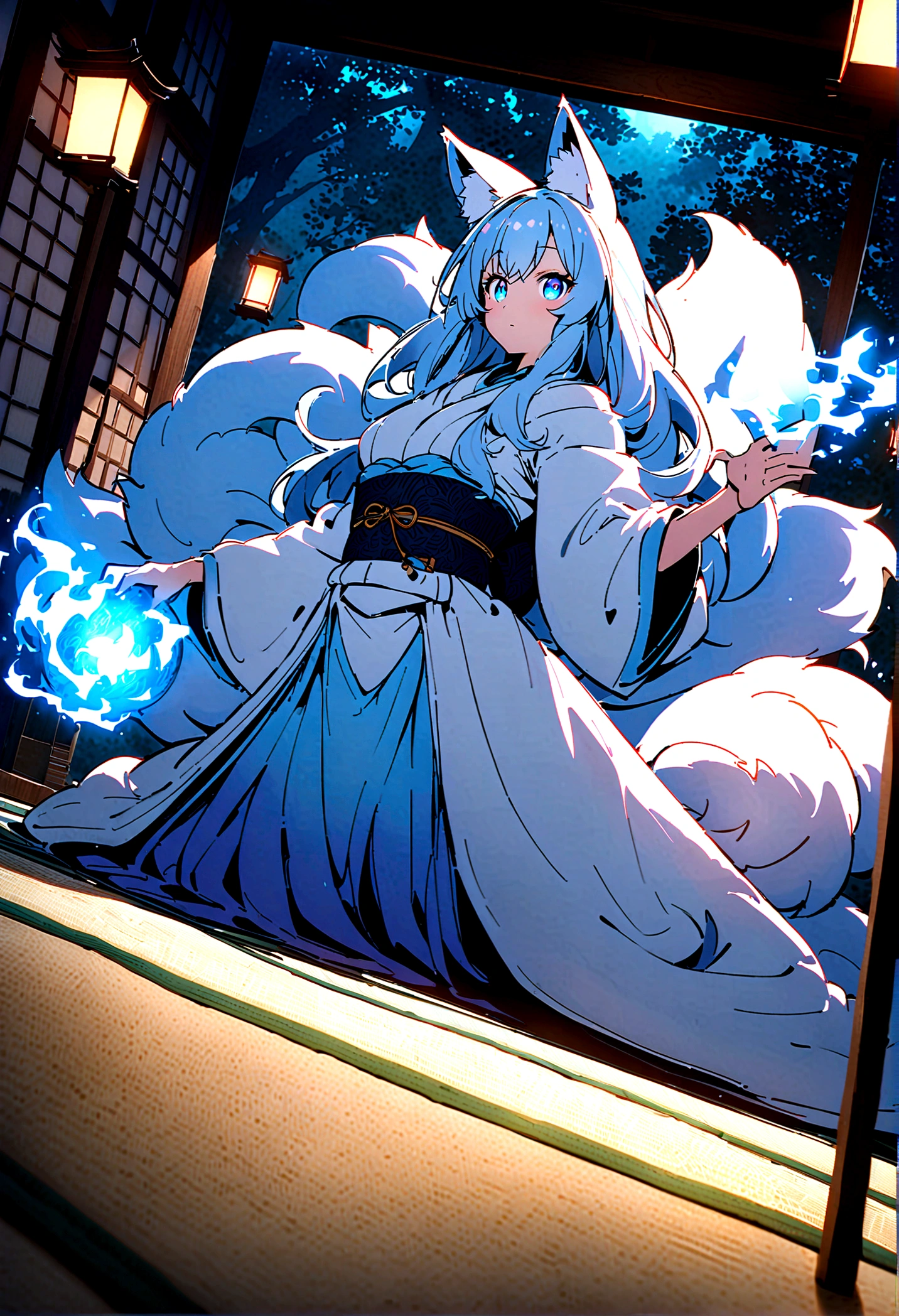fox Light blue hair 　beast girl　indigo fur　fox beast girl　fox Light blue hair 　beast girl　indigo fur　fox beast girl　Wallpaper 4k,8k,highly detailled,,vivid colors,detailed kitsune with 9 tails,traditional Japanese artwork,tatami floor,beautiful cherry blossoms,floating lanterns,dark silhouette of a pagoda,subtle moonlight,dense forest,ethereal atmosphere,dappled sunlight,whimsical spirit,serene expression,elaborate kimono and obi,delicate hand-painted details,luminous eyes　Anime Style　fox　blue　White-faced golden-haired nine-tailed fox　Coat blue　　fox Light blue hair 　beast girl　indigo fur　fox beast girl　Anime Style　fox　blue　White-faced golden-haired nine-tailed fox　Coat blue　　　mysterious background　Blue Flame　girl　have a ball of light　fox Light blue hair 　beast girl　indigo fur　fox beast girl　mysterious background　Blue Flame　girl　have a ball of light Anime Style　fox　blue　White-faced golden-haired nine-tailed fox　Coat blue　　　mysterious background　Blue Flame　girl　have a ball of light