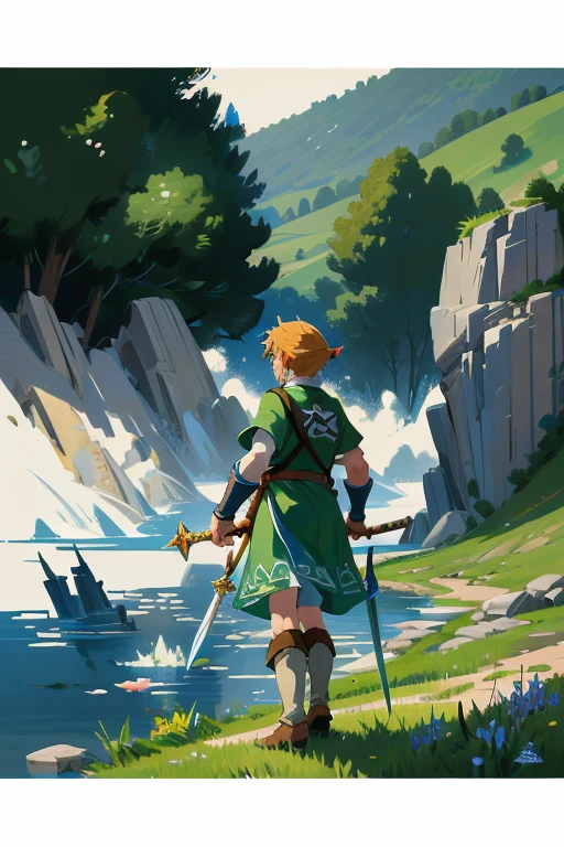 Impressionism,Rainerism,The Legend of Zelda, Hero Link with the Master Sword in hand、A scene looking out over the land of Hyrule。In the background is a vast grassland and Death Mountain in the distance.、There&#39;s a bright light in the sky。Link looks brave.、Confident。
