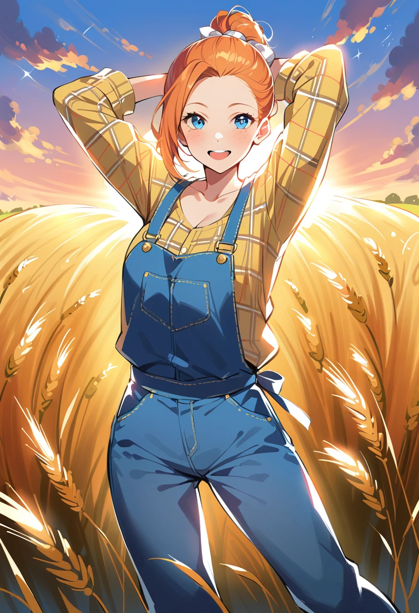 @ANN, pewarnaan character, visual illustration, aged up, 1girl, solo, (overalls), outdoors, sky, wheat, field, (blue overalls), smile, blue eyes, wheat field, looking at viewer, breasts, arms up, long sleeves, yellow shirt, orange hair, cowboy shot, collarbone, collared shirt, cleavage, denim, hair pulled back, upper teeth only, blonde hair, very long hair, medium breasts, forehead, standing, arms behind head, braided ponytail, single braid, teeth, oversized clothes, medium hair, short hair, partially unbuttoned, pants, oversized shirt, buttons, head tilt, flat chest, hair ribbon, white bow, tomboy, round teeth, plaid shirt, denim overalls, mature female, tall, tall female, slim body, freckles, twilight, cloudy sky, scenery, reaching, grass, floating hair, sunset, cloud, scenery, sparkle, sunbeam, light rays, diffraction spikes, highres, 4k, 8k, ann \(harvest moon\), ran \(bokujou monogatari\)