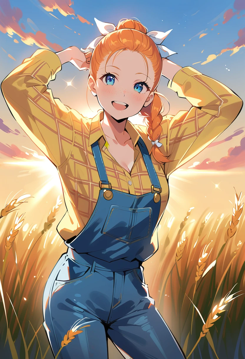 @ANN, pewarnaan character, visual illustration, aged up, 1girl, solo, (overalls), outdoors, sky, wheat, field, (blue overalls), smile, blue eyes, wheat field, looking at viewer, breasts, arms up, long sleeves, yellow shirt, orange hair, cowboy shot, collarbone, collared shirt, cleavage, denim, hair pulled back, upper teeth only, blonde hair, very long hair, medium breasts, forehead, standing, arms behind head, braided ponytail, single braid, teeth, oversized clothes, medium hair, short hair, partially unbuttoned, pants, oversized shirt, buttons, head tilt, flat chest, hair ribbon, white bow, tomboy, round teeth, plaid shirt, denim overalls, mature female, tall, tall female, slim body, freckles, twilight, cloudy sky, scenery, reaching, grass, floating hair, sunset, cloud, scenery, sparkle, sunbeam, light rays, diffraction spikes, highres, 4k, 8k, ann \(harvest moon\), ran \(bokujou monogatari\)