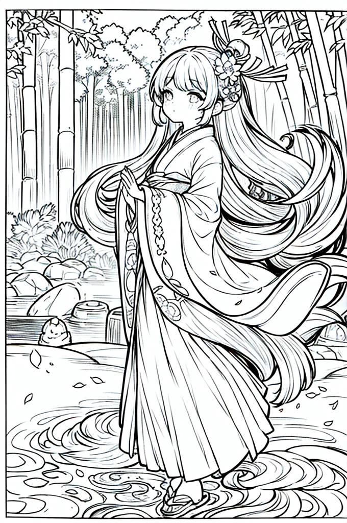 As a coloring book, the color should be black and white, the border should be simple, clear, and bold. A beautiful Asian girl with long, flowing black hair adorned with a delicate [flower hair ornament] is strolling through the picturesque [Arashiyama Bamboo Forest] in Kyoto, Japan. She is wearing a stunning [kimono with cherry blossom pattern], the vibrant colors contrasting with the serene green of the bamboo grove. The girl's expression exudes a sense of peace and tranquility as she immerses herself in the beauty of the natural surroundings.
