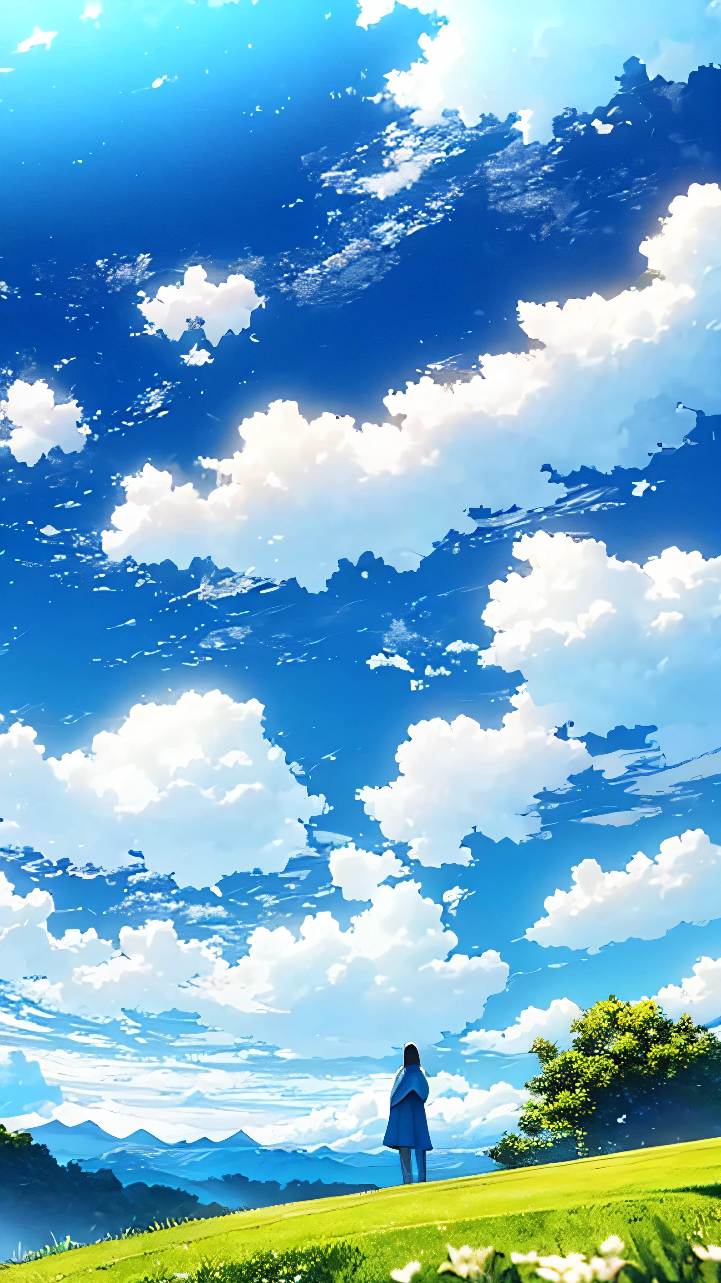 A single figure floats serenely in a vast, vivid blue sky filled with enormous, highly detailed cumulus clouds. The scene captures an ethereal moment, with the individual seemingly suspended in mid-air, surrounded by layers of fluffy white and blue clouds that create a sense of depth and movement. Sunlight filters through the clouds, casting gentle shadows and illuminating the various shades of blue and white, adding a dreamlike quality to the image. The overall atmosphere conveys a sense of tranquility, freedom, and wonder, as if the person is drifting through a boundless, heavenly expanse.
