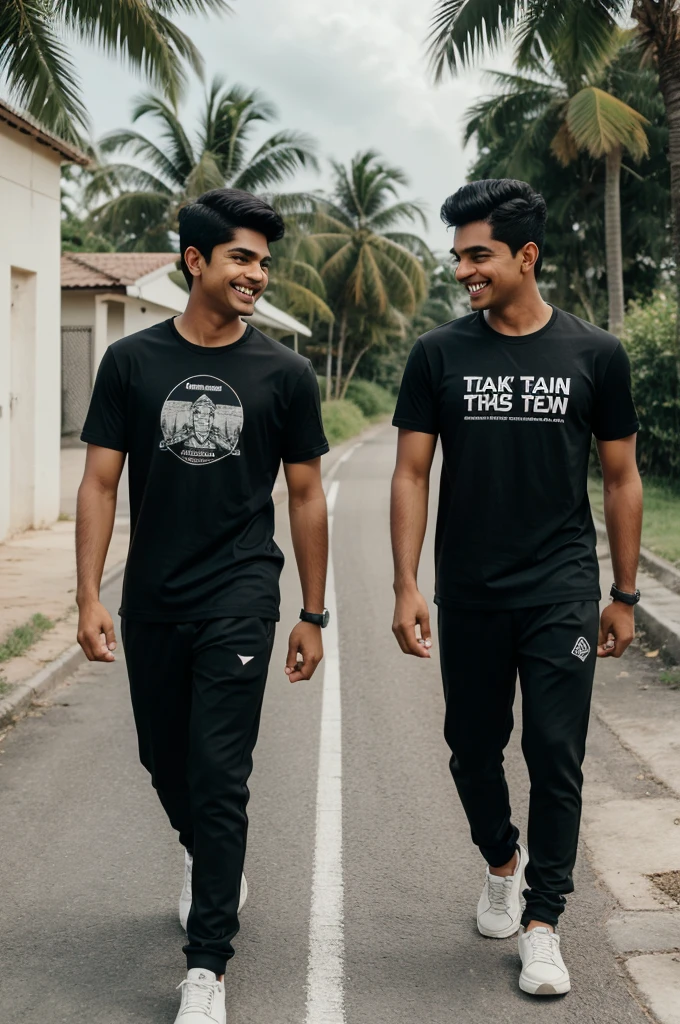 80 years old two indian boys walking on road, they are talking each other with laughing, first boy is wearing black T-shirt, with black pant, with name "Anuruddh" and second boy wearing White T-shirt on which Name "Ankit" is written, realistic image , 4k quality image. the words best friends written at top sky , make sure name should be visible.