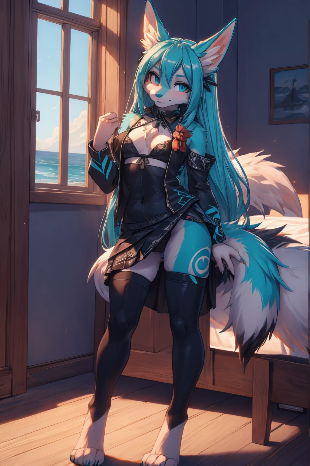 Miku Hatsune, add high definition_detail:1, blue fur,kitsune ears, tribal tattoo add_detail:1, in a beautiful room with sea view open window, dawn add_detail, barefoot, He begins to undress on the bed while sensually looking at the camera add_detail:1 blue saturation light.