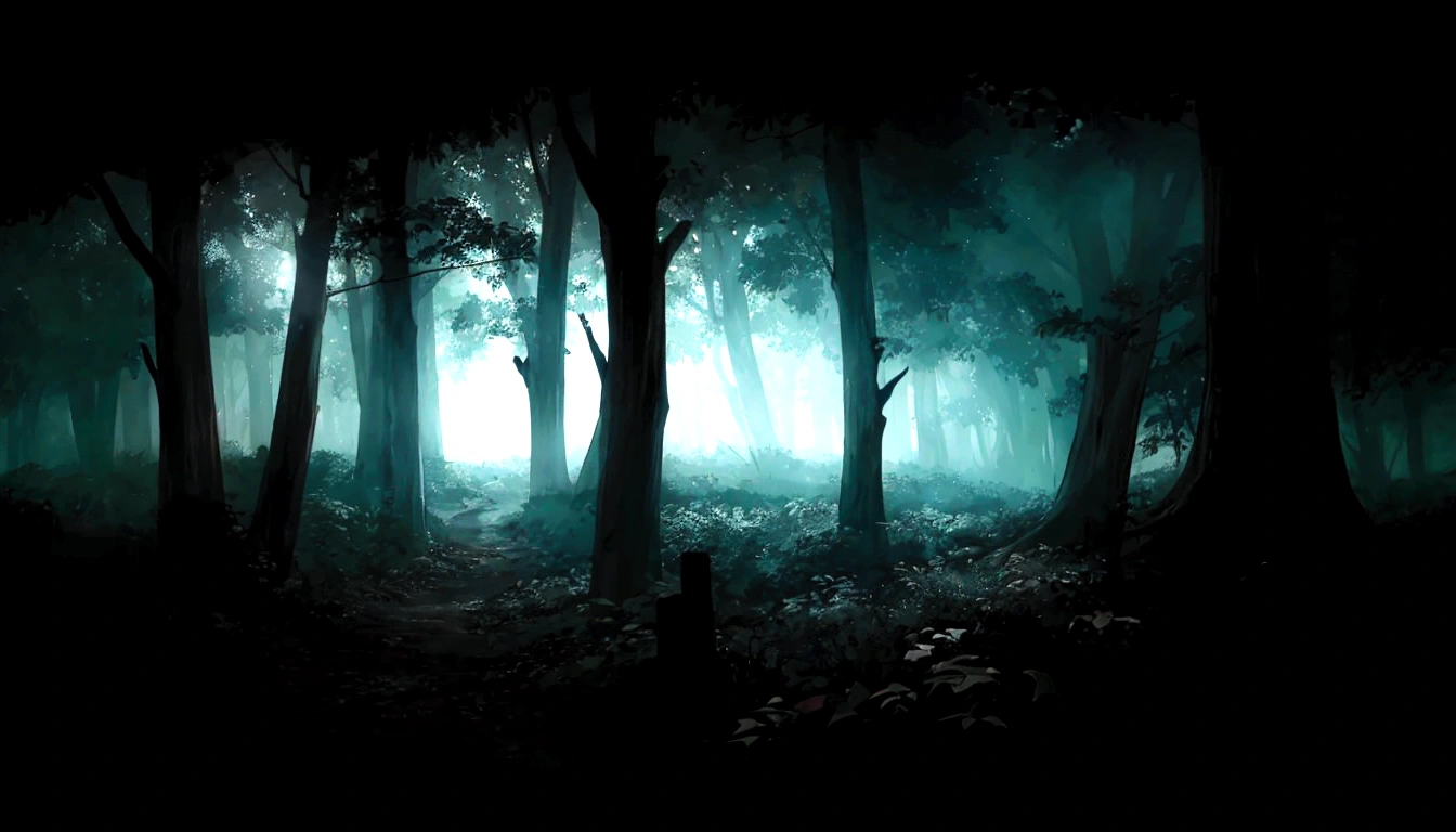 A dark night forest covered with fog