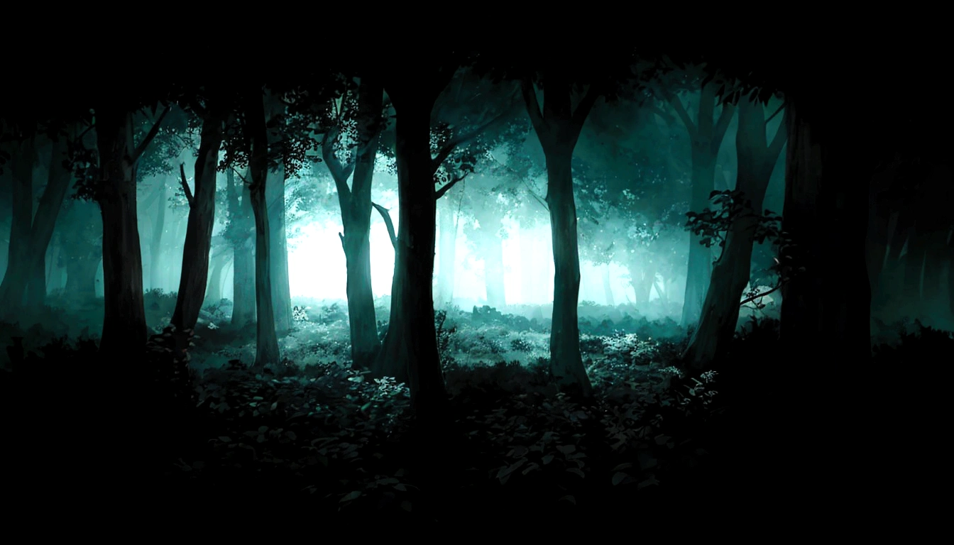 A dark night forest covered with fog