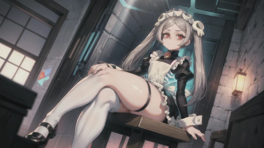 1girl, solo, indoors, looking at viewer, skg_marie, maid, maid apron, maid headdress, twin tails, skull hair ornament, red brooch, juliet sleeves, shoes, white thigh high stockings, light rays, glow, (masterpiece), highlight thighs, thick thighs, highlight buttocks, hands on the hips , background, (dynamic poses), sitting in a chair