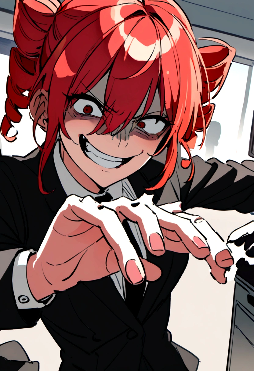 Red hair, black suit, punch, scary smile, office, daytime, breaking computer with hands, splinters