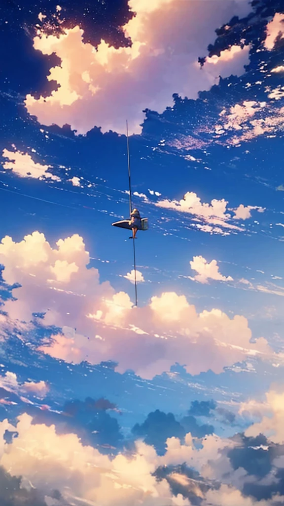 A single figure floats serenely in a vast, vivid blue sky filled with enormous, highly detailed cumulus clouds. The scene captures an ethereal moment, with the individual seemingly suspended in mid-air, surrounded by layers of fluffy white and blue clouds that create a sense of depth and movement. Sunlight filters through the clouds, casting gentle shadows and illuminating the various shades of blue and white, adding a dreamlike quality to the image. The overall atmosphere conveys a sense of tranquility, freedom, and wonder, as if the person is drifting through a boundless, heavenly expanse.