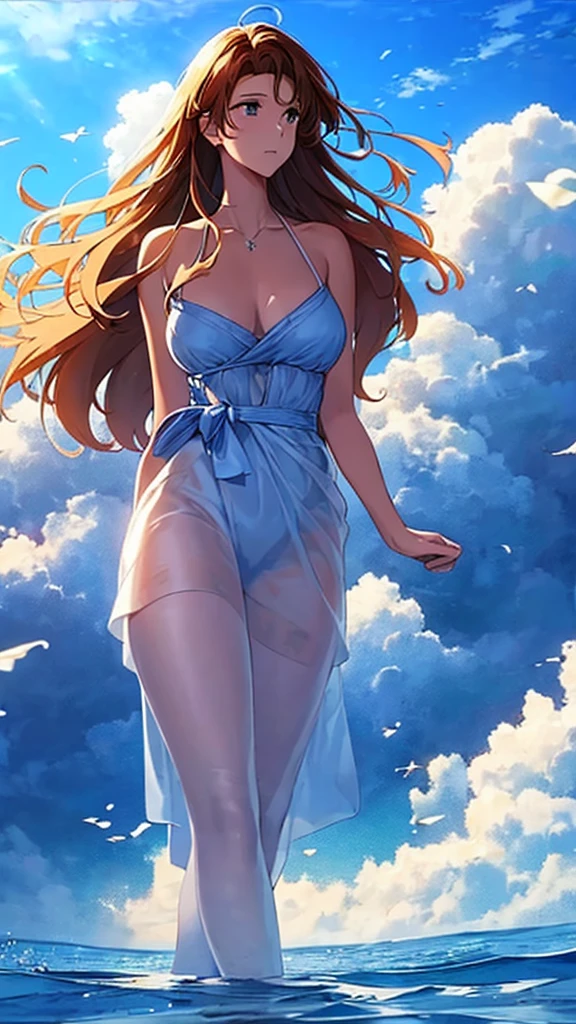 A single figure floats serenely in a vast, vivid blue sky filled with enormous, highly detailed cumulus clouds. The scene captures an ethereal moment, with the individual seemingly suspended in mid-air, surrounded by layers of fluffy white and blue clouds that create a sense of depth and movement. Sunlight filters through the clouds, casting gentle shadows and illuminating the various shades of blue and white, adding a dreamlike quality to the image. The overall atmosphere conveys a sense of tranquility, freedom, and wonder, as if the person is drifting through a boundless, heavenly expanse.