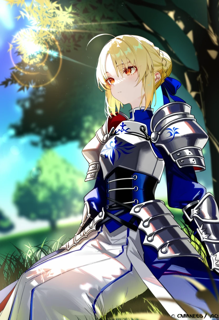 1girl, (by pottsness:1.1), by ciloranko:1.1, (by omone_hokoma_agm:1.1), ((absurdres, official art, masterpiece)), best aesthetic, best quality, ultra detailed, intricate details, new, newest, glossy hair, moist skin, 18 years old, adult woman, medium breasts, blurry background, depth perception, solo, subject focus:1.1, depth perception, solar flare, forehead, wind, breeze, wind in hair, flowing hair, solo, shade, leaves, grass, below, sitting, against tree, tree, sky, blue sky, sunlight, sraight on, light particles, fate \(series\), fate/stay night, artoria pendragon (fate), saber \(fate\), ahoge, armor, armored dress, hooded eyes, close-up