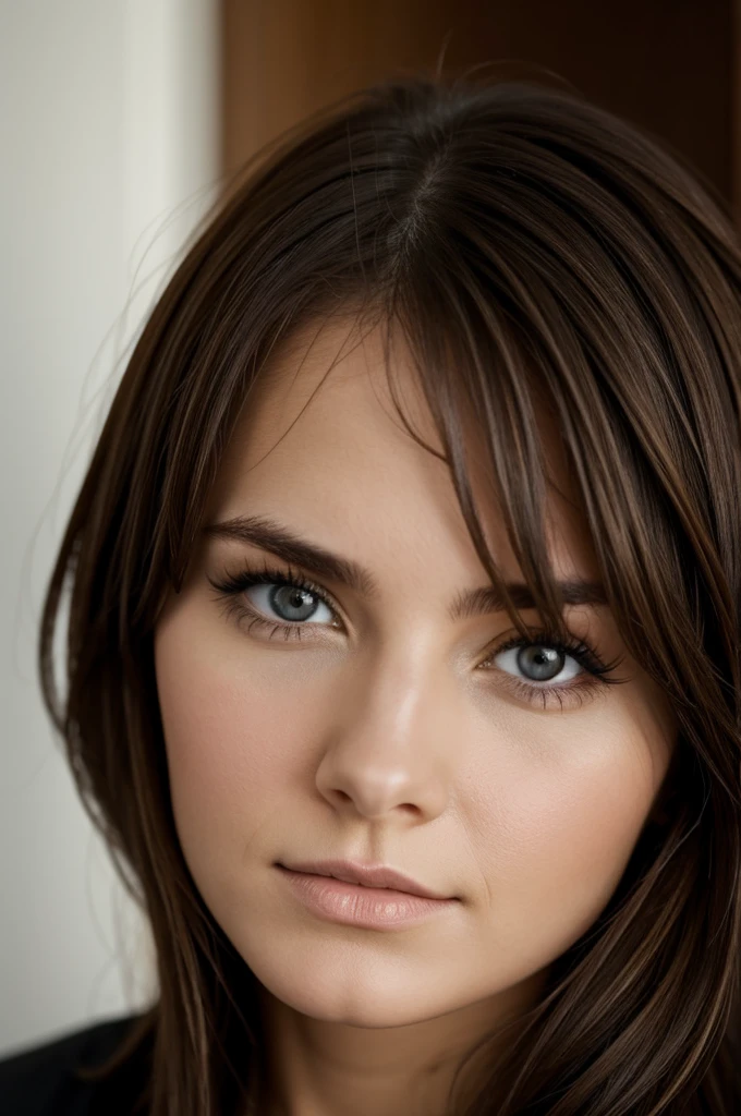 White woman with brown hair, and black eyes 