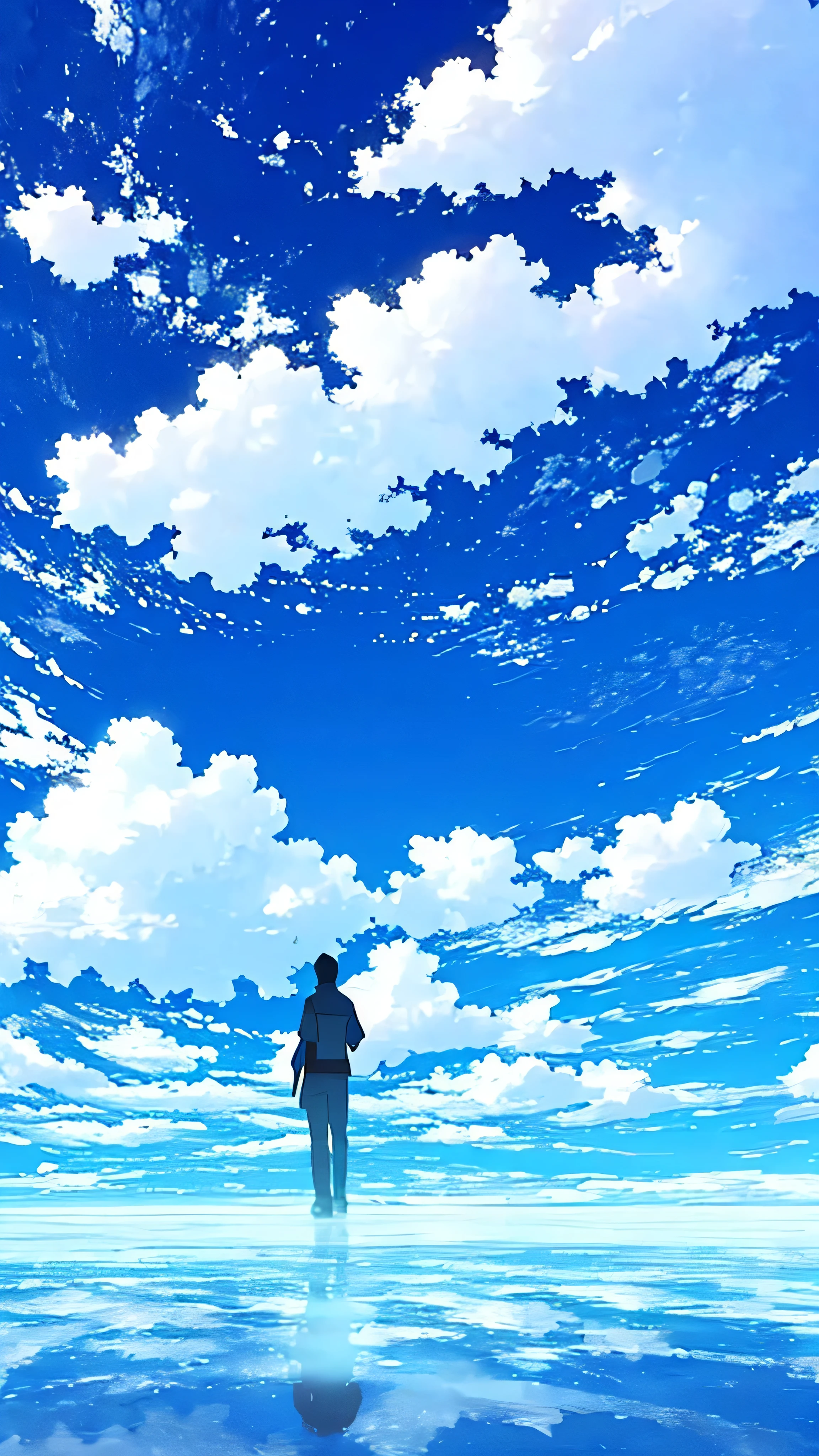 A single figure floats serenely in a vast, vivid blue sky filled with enormous, highly detailed cumulus clouds. The scene captures an ethereal moment, with the individual seemingly suspended in mid-air, surrounded by layers of fluffy white and blue clouds that create a sense of depth and movement. Sunlight filters through the clouds, casting gentle shadows and illuminating the various shades of blue and white, adding a dreamlike quality to the image. The overall atmosphere conveys a sense of tranquility, freedom, and wonder, as if the person is drifting through a boundless, heavenly expanse.