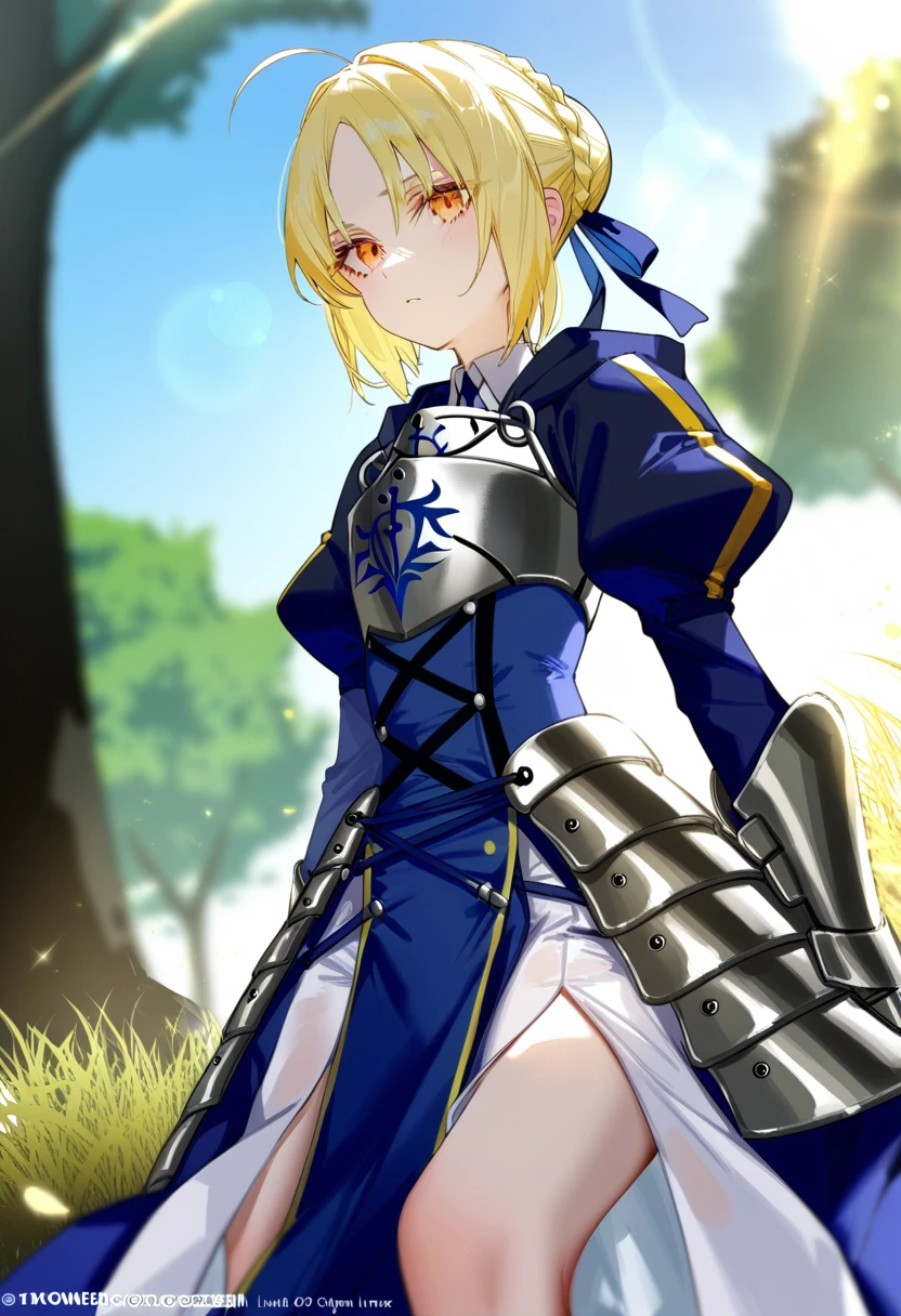 1girl, (by pottsness:1.1), by ciloranko:1.1, (by omone_hokoma_agm:1.1), ((absurdres, official art, masterpiece)), best aesthetic, best quality, ultra detailed, intricate details, new, newest, glossy hair, moist skin, 18 years old, adult woman, medium breasts, blurry background, depth perception, solo, subject focus:1.1, depth perception, solar flare, forehead, wind, breeze, wind in hair, flowing hair, solo, shade, leaves, grass, below, sitting, against tree, tree, sky, blue sky, sunlight, sraight on, light particles, fate \(series\), fate/stay night, artoria pendragon (fate), saber \(fate\), ahoge, armor, armored dress, hooded eyes, close-up