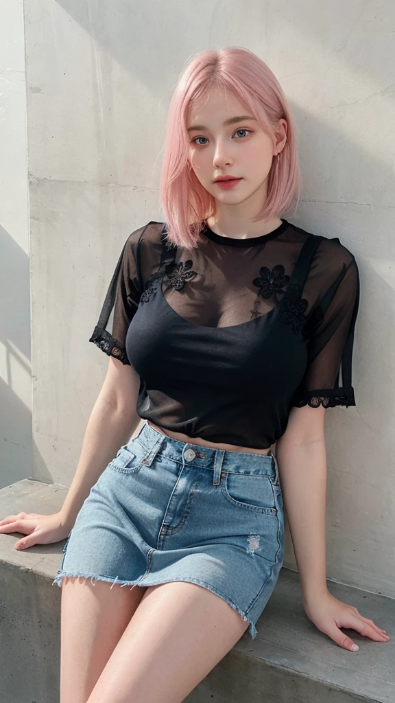 ((best quality)), photorealistic, photorealism, Photorealistic, high resolution, Beautiful, Baby Face, 20 Years Old, (real skin texture:1.5), White Skin, pale skin, Large Breasts, sitting in the sofa, looking at the camera, (Detailed face), short hair, pink hair, sexy body, (wearing black transparent floral sheer shirt, sexy skirt denim, transparent shirt), cloths color based black), revealed thigh, thick thigh, revealed nipples, Fingers are occluded, concrete murall wall background,