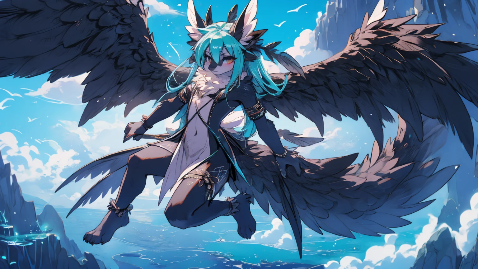 Miku Hatsune, add high definition_detail:1, blue fur,kitsune ears, tribal tattoo add_detail:1, in hell add_detail, barefoot, the same, giant black feather wings add_detail:1 ,alas hermosas la mejor calidad y detail en las plumas, flying over a beautiful cliff, blue saturation light, fallen angel add_detail:1