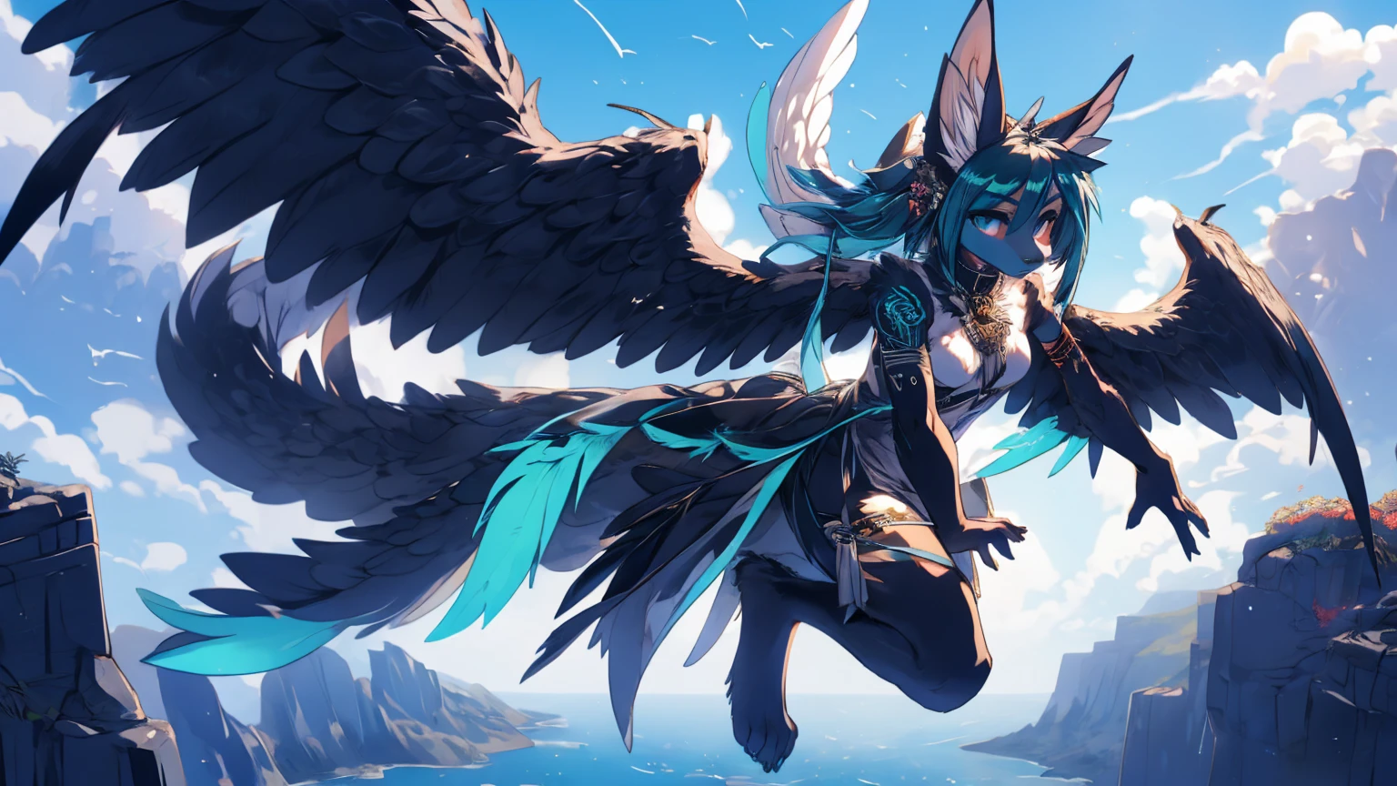 Miku Hatsune, add high definition_detail:1, blue fur,kitsune ears, tribal tattoo add_detail:1, in hell add_detail, barefoot, the same, giant black feather wings add_detail:1 ,alas hermosas la mejor calidad y detail en las plumas, flying over a beautiful cliff, blue saturation light, fallen angel add_detail:1
