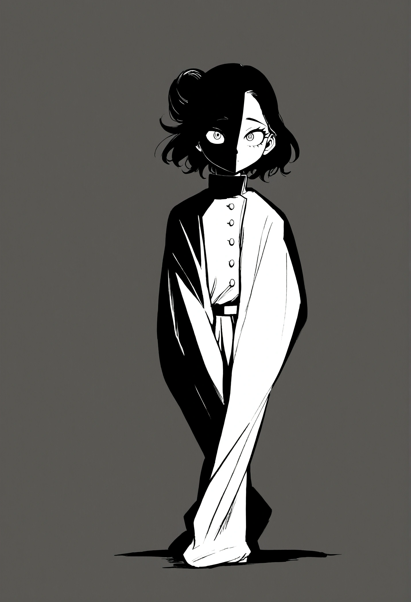 a teenage girl, medium light skin tone, long dark brown hair that is a little wavy at the ends, with a half messy bun with hair coming out of it. Dark brown almond-shaped eyes and a slightly round face. my hero academia anime style. whole body (from head to feet) with uniform from said anime. Sassy aura, reckless vibe (monochrome background)