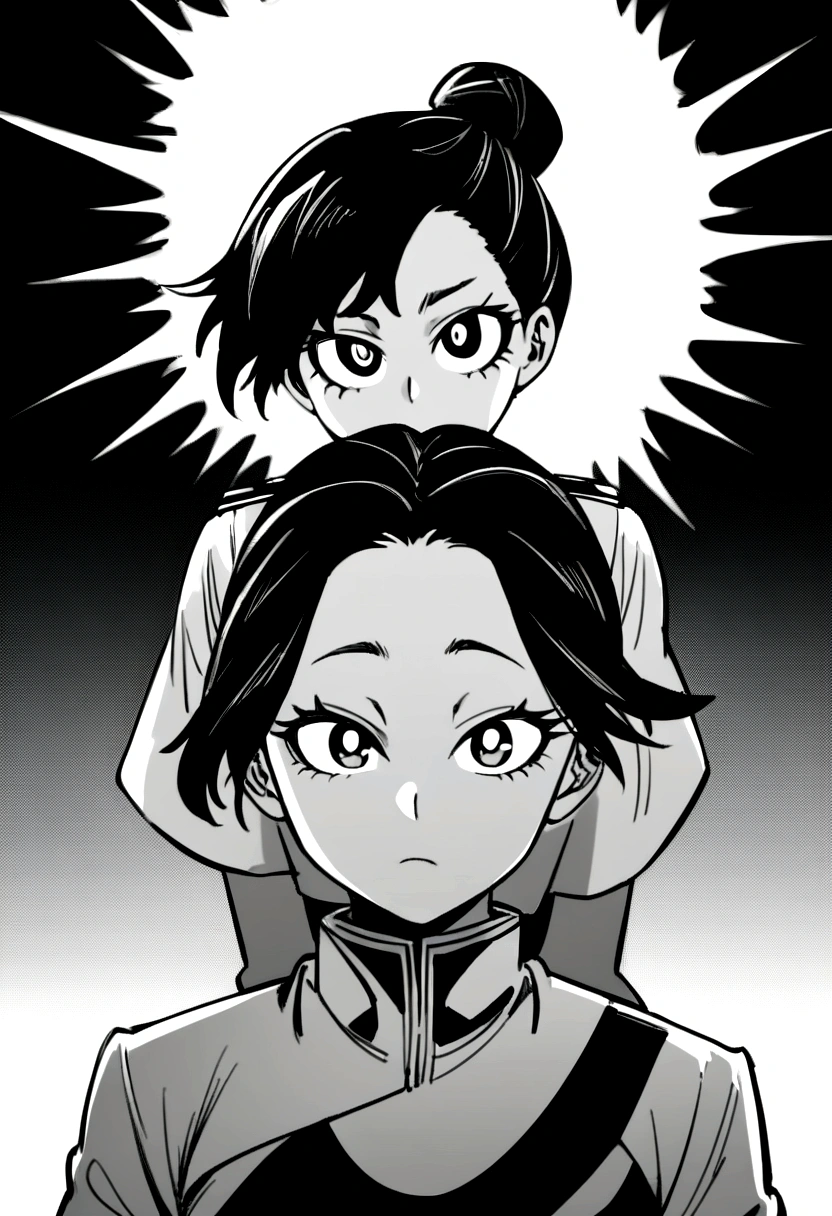 a teenage girl, medium light skin tone, long dark brown hair that is a little wavy at the ends, with a half messy bun with hair coming out of it. Dark brown almond-shaped eyes and a slightly round face. my hero academia anime style. whole body (from head to feet) with uniform from said anime. Sassy aura, reckless vibe (monochrome background)